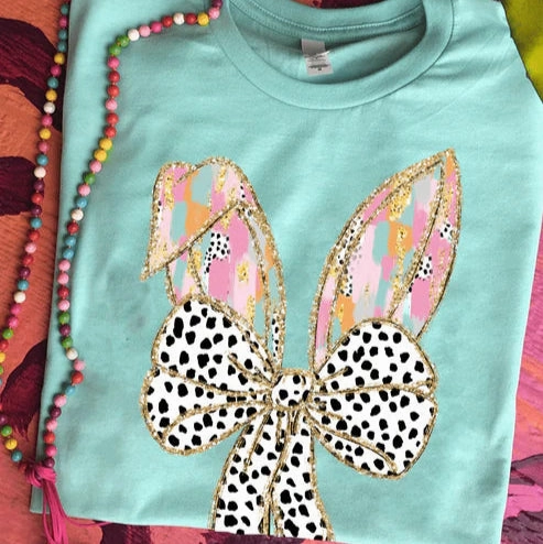 Online Exclusive | Watercolor Bunny Ears With Dalmatian Bow Graphic Tee in Mint Blue Active Layer Fit Wrinkle Resistant Cloth