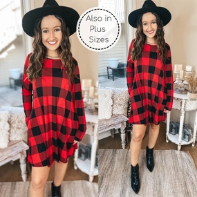 Work Ready FourWay Stretch High Spirits Long Sleeve Buffalo Plaid Dress with Pockets in Red