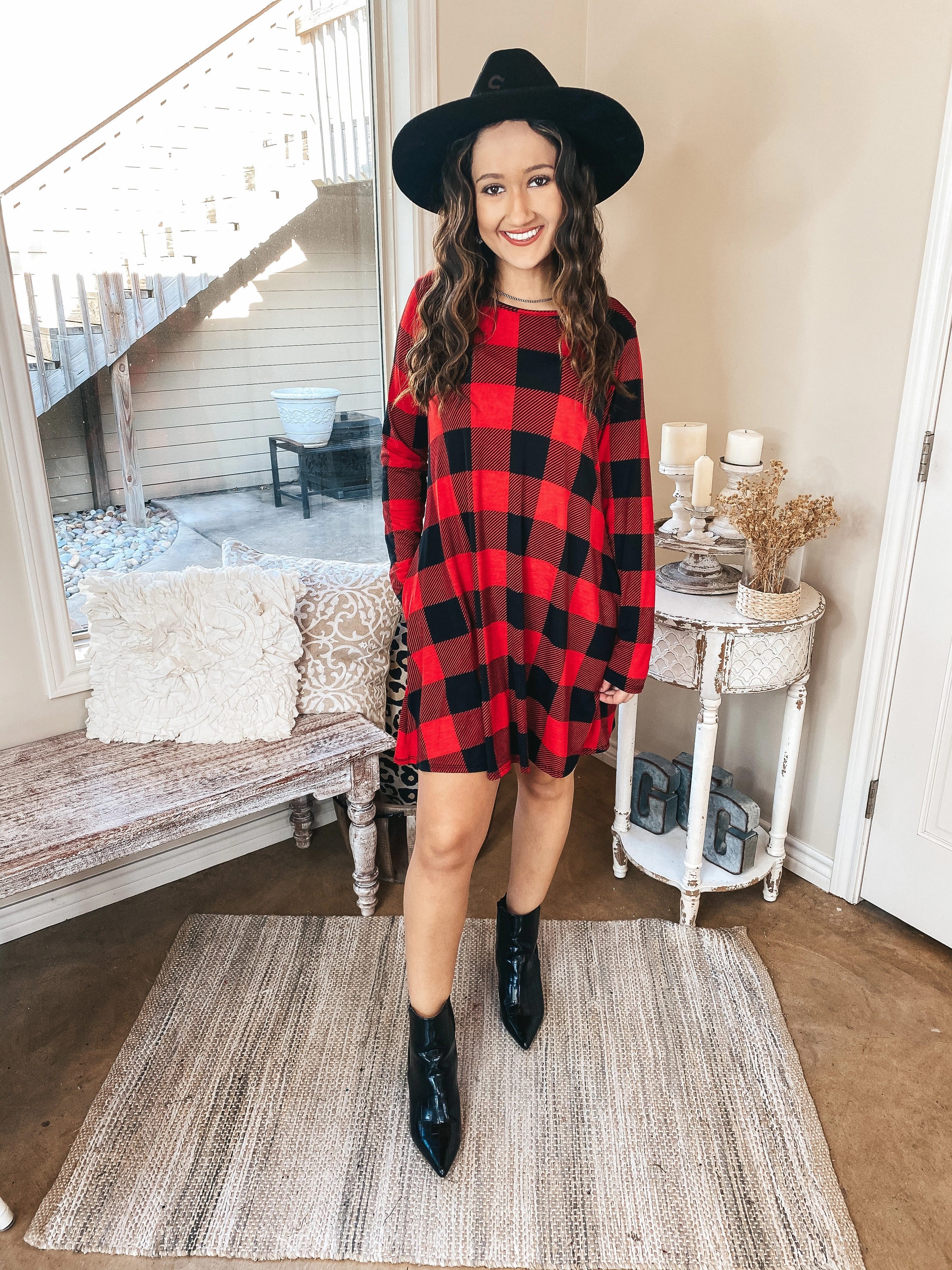 Easy Fashion High Spirits Long Sleeve Buffalo Plaid Dress with Pockets in Red