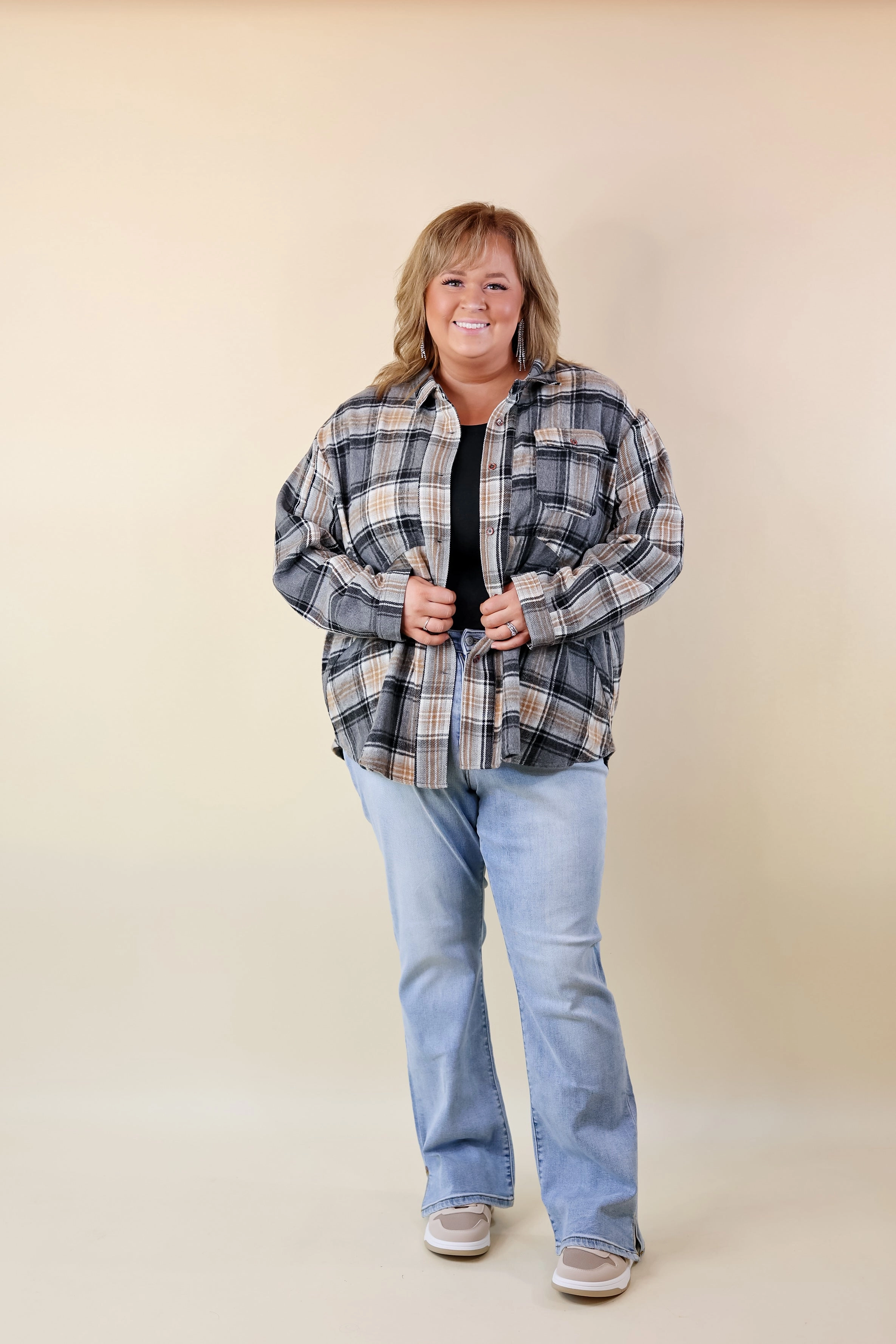 Coffee At Sunrise Button Up Plaid Shacket with Long Sleeves in Grey EcoDye Process Trend Base