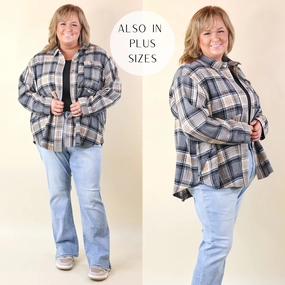 Coffee At Sunrise Button Up Plaid Shacket with Long Sleeves in Grey Antibacterial lining