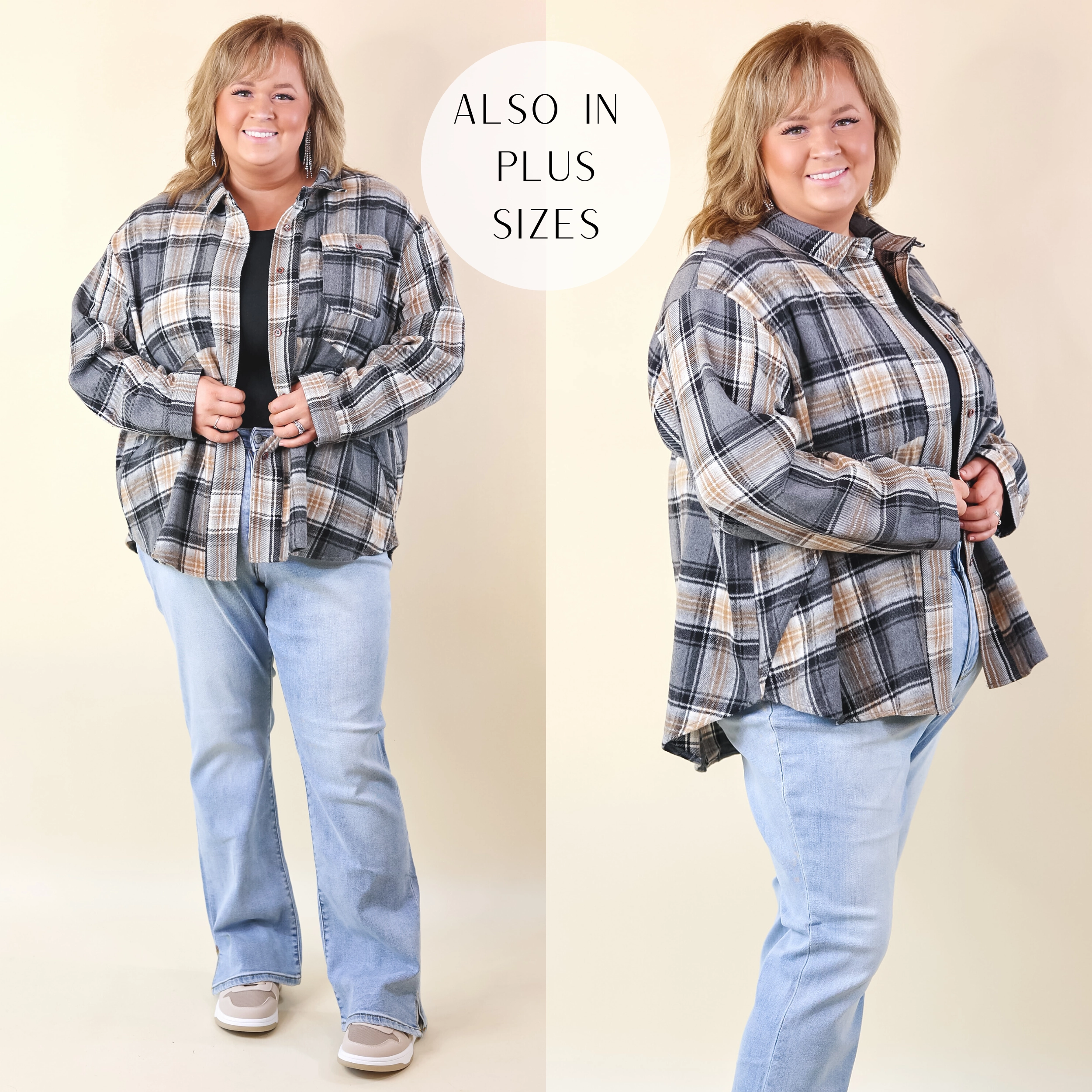 Coffee At Sunrise Button Up Plaid Shacket with Long Sleeves in Grey Antibacterial lining
