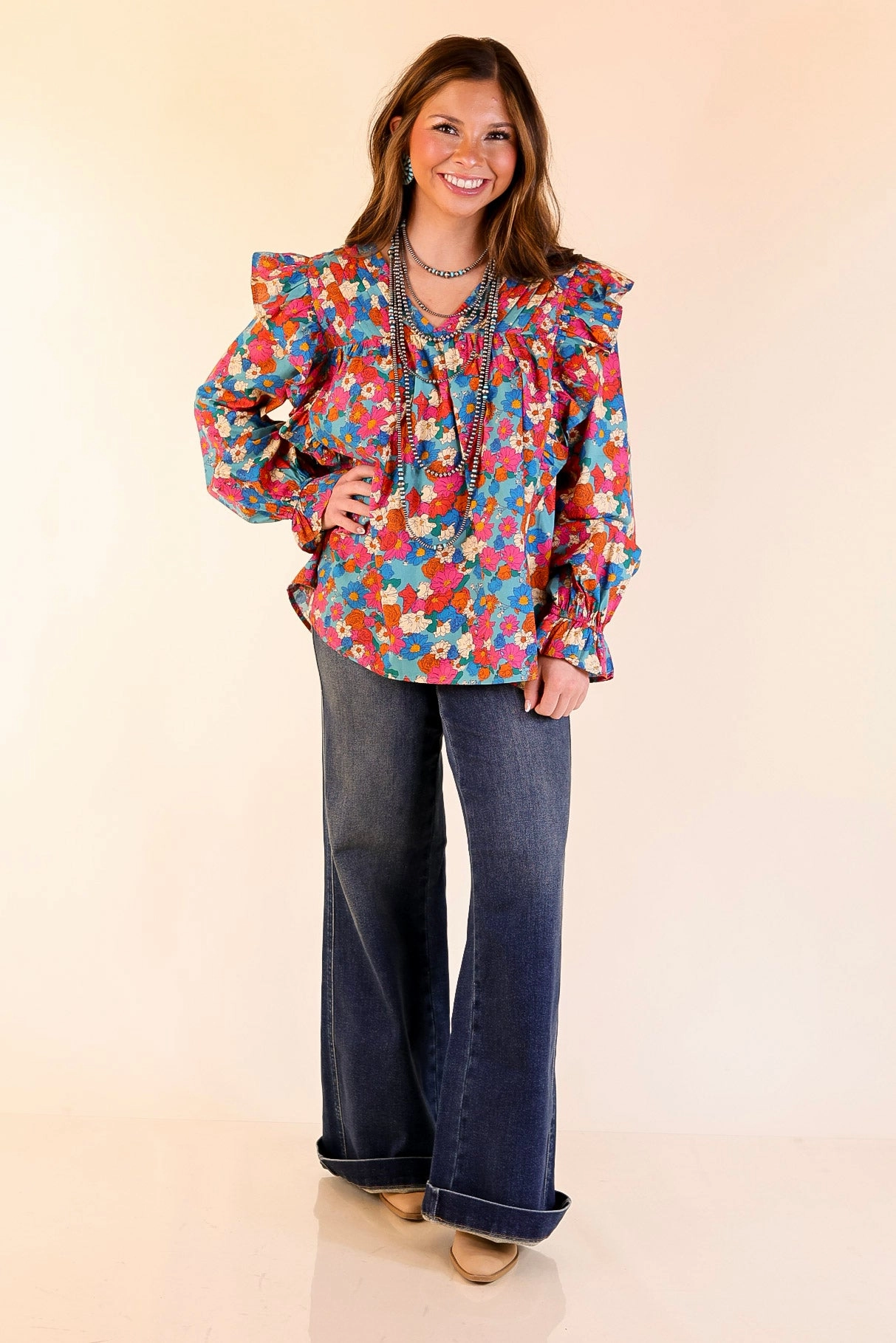 Coffee Perks Floral Ruffle Detail Long Sleeve Top in Turquoise Blue Luxurious Feel