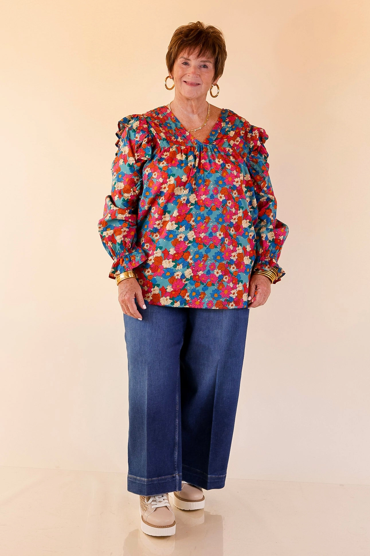 Coffee Perks Floral Ruffle Detail Long Sleeve Top in Turquoise Blue Ergonomic Sleeve Cut Solid Hue