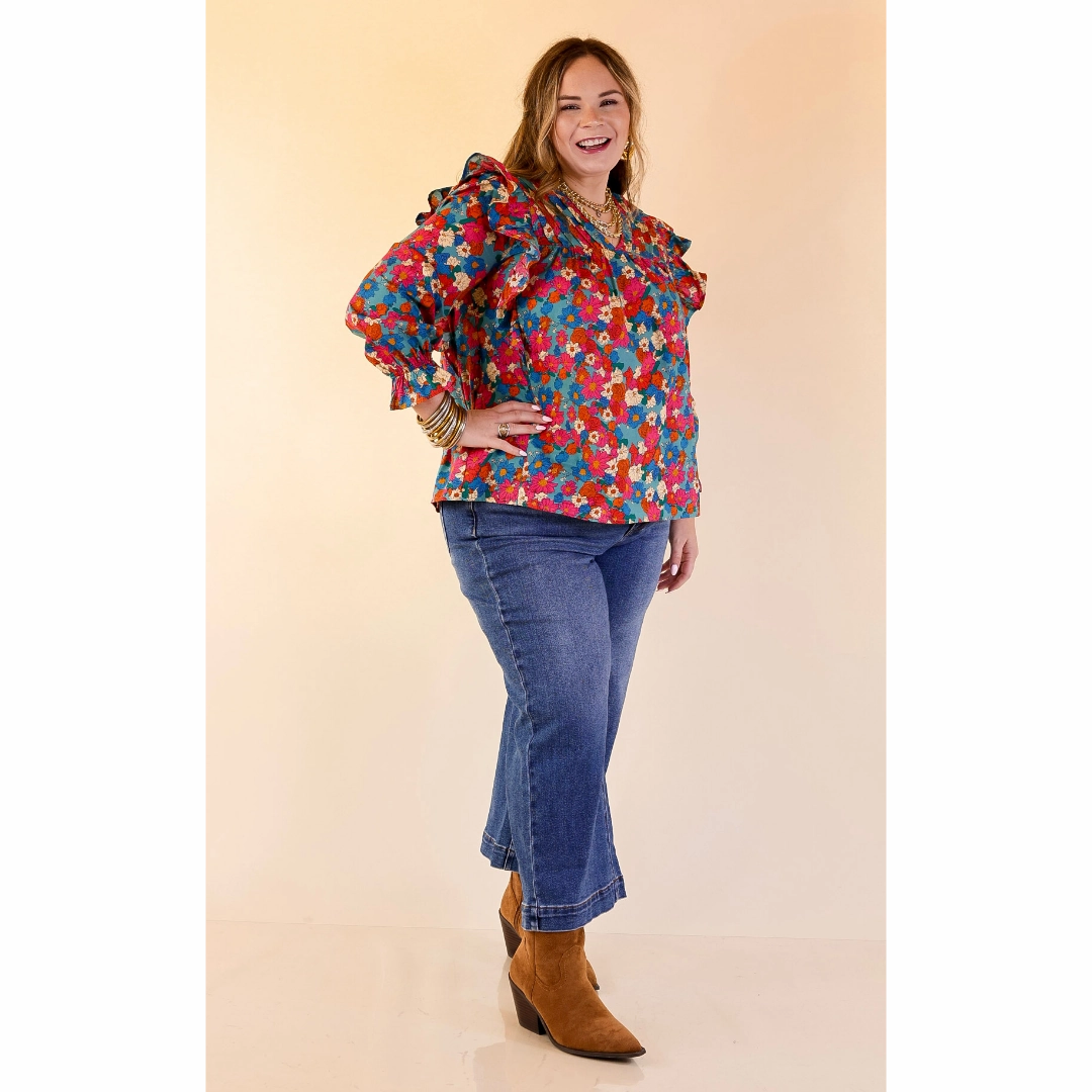 Coffee Perks Floral Ruffle Detail Long Sleeve Top in Turquoise Blue Pocket Detail