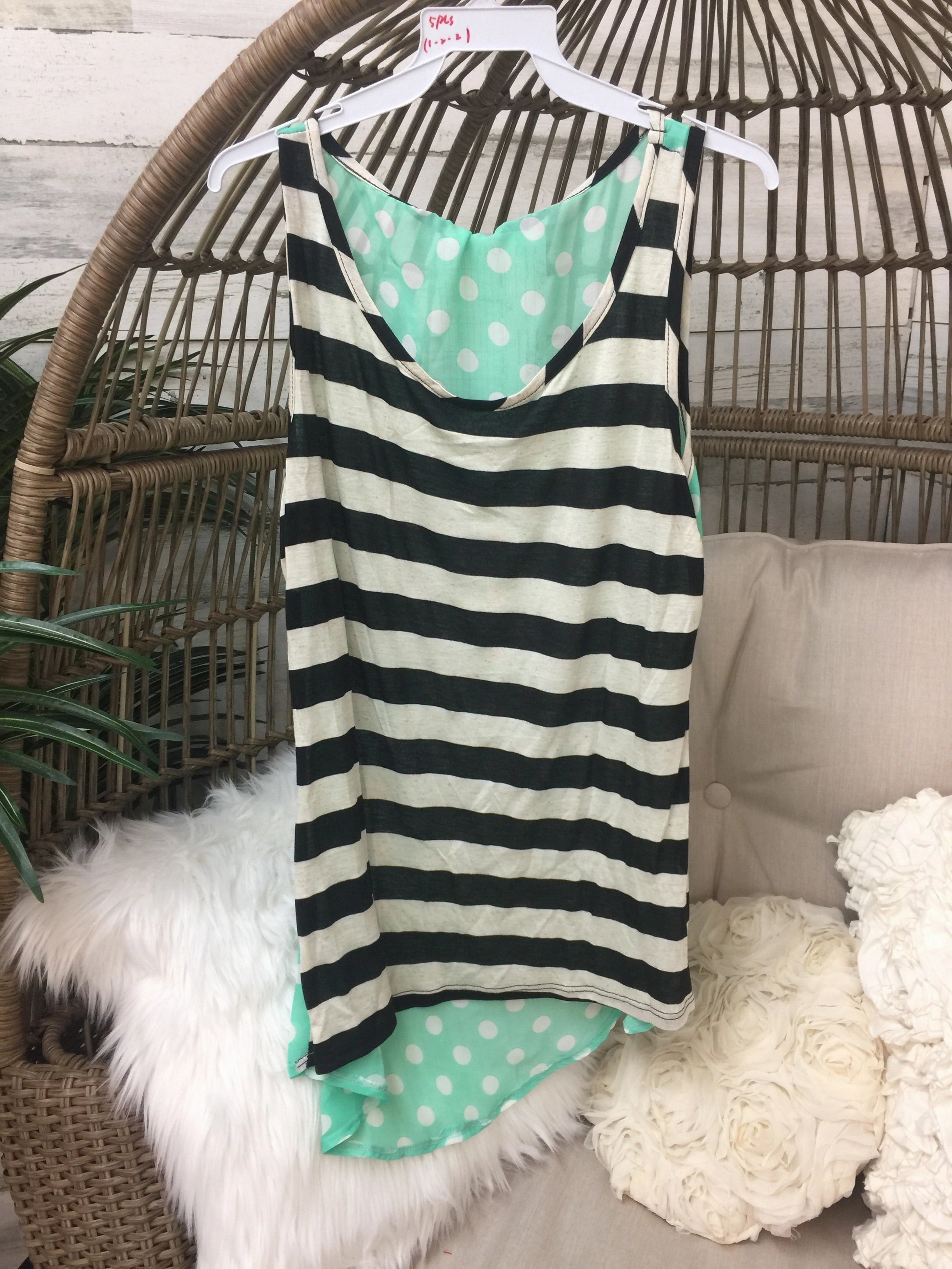Black and White Striped Tank Top with Mint Polka Dot Back Fashion Trend