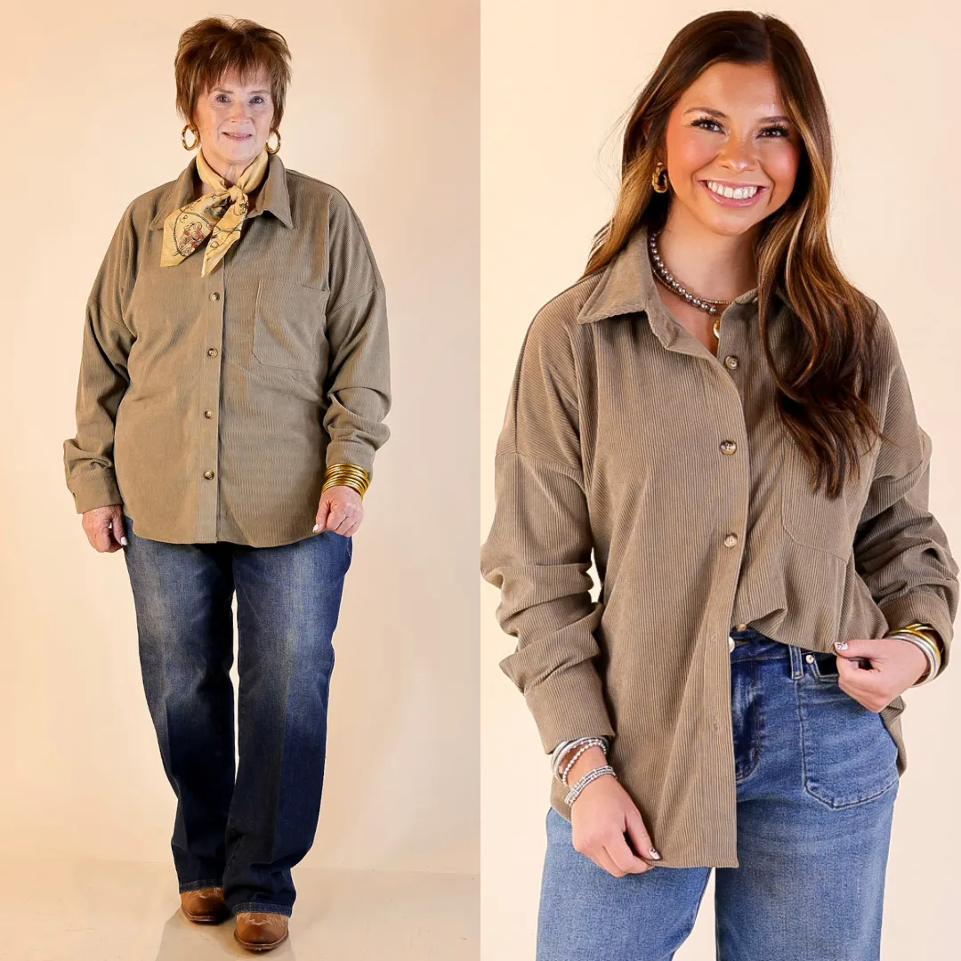 Flowing Design Captivating Cuteness Corduroy Button Up Shacket in Olive Green