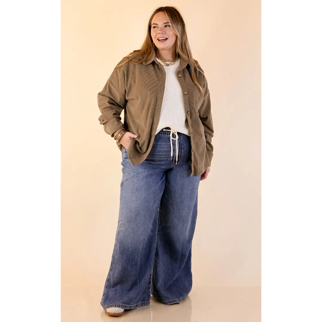 PreWashed Layered Collar Design Captivating Cuteness Corduroy Button Up Shacket in Olive Green