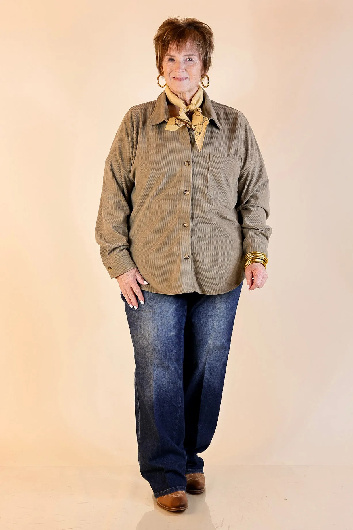 Captivating Cuteness Corduroy Button Up Shacket in Olive Green Adjustable Collar System