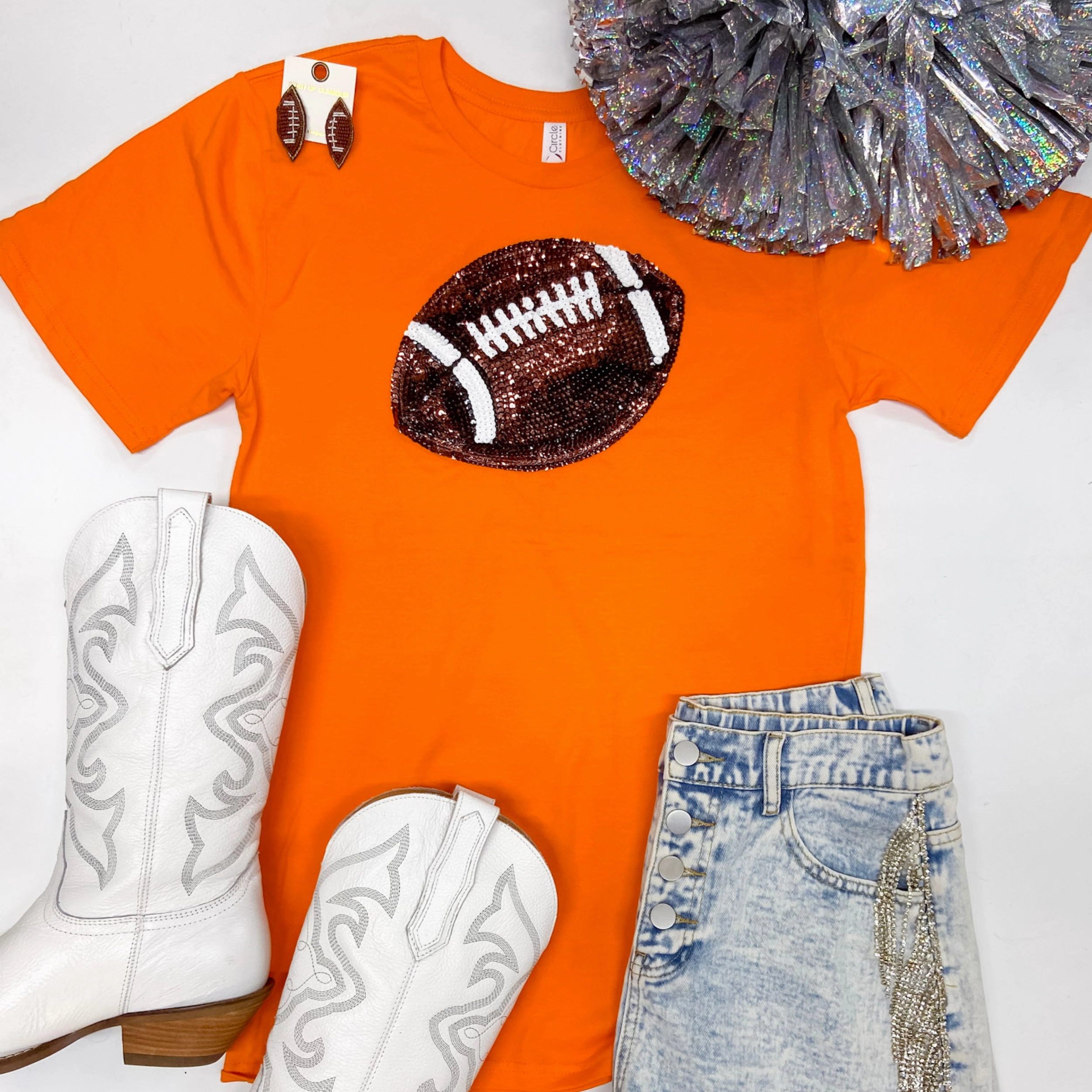 TearResistant Fabric It's A Win Sequin Patch Football Short Sleeve Graphic Tee in Orange