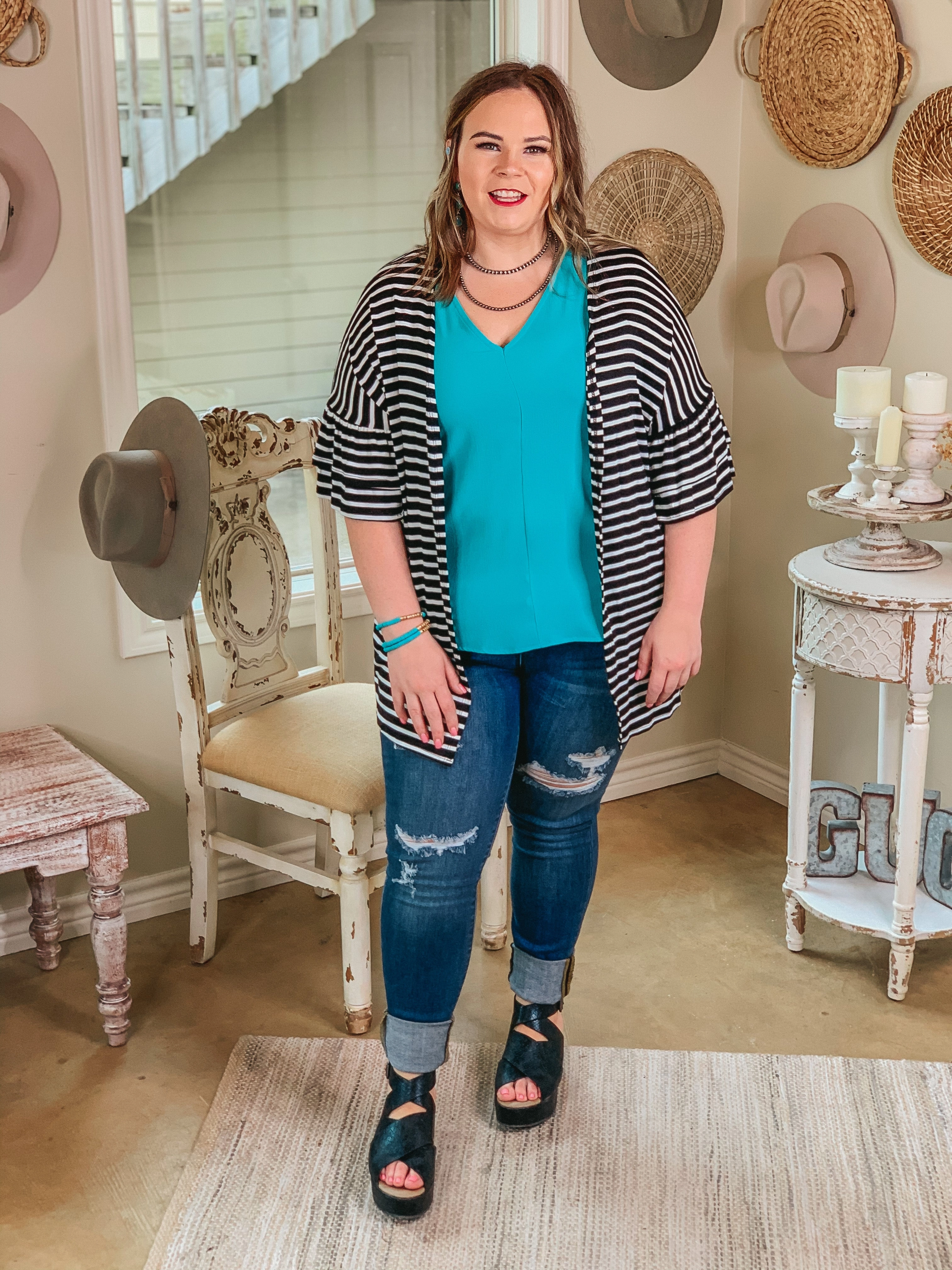 Cross My Mind Stripe Cardigan with Ruffle Sleeves in Black Wild Mood Work-Ready