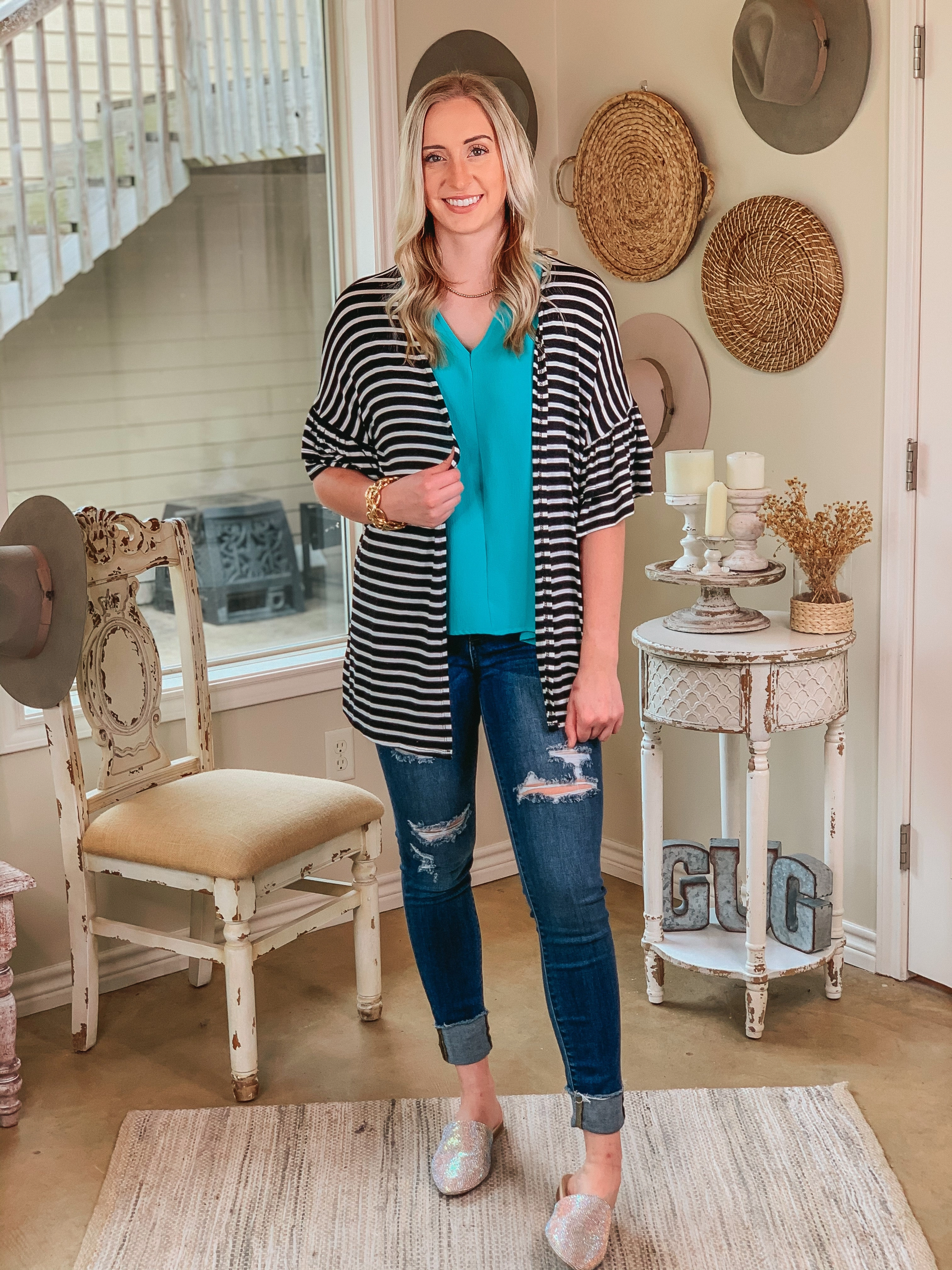 Cross My Mind Stripe Cardigan with Ruffle Sleeves in Black Energy Flow