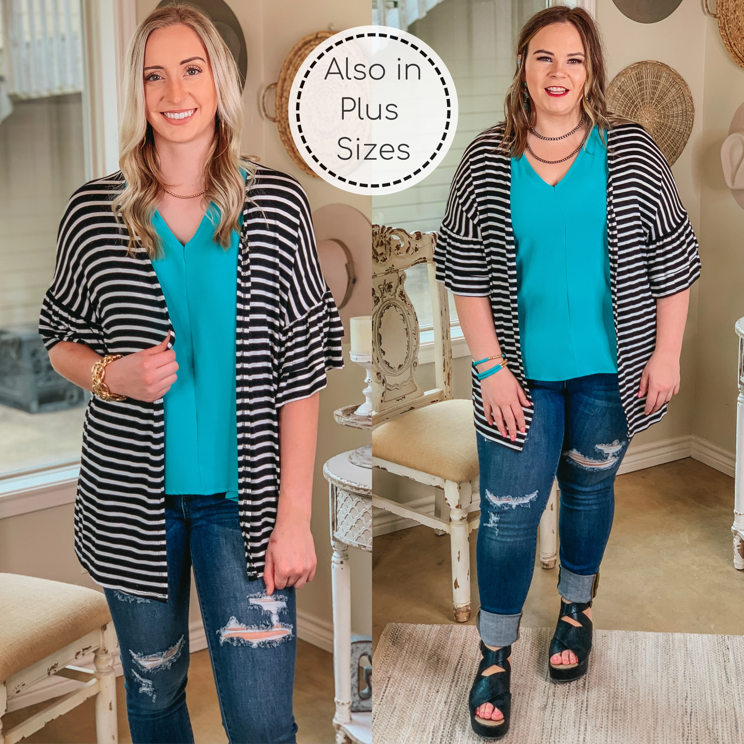 Cozy Pullover Cross My Mind Stripe Cardigan with Ruffle Sleeves in Black