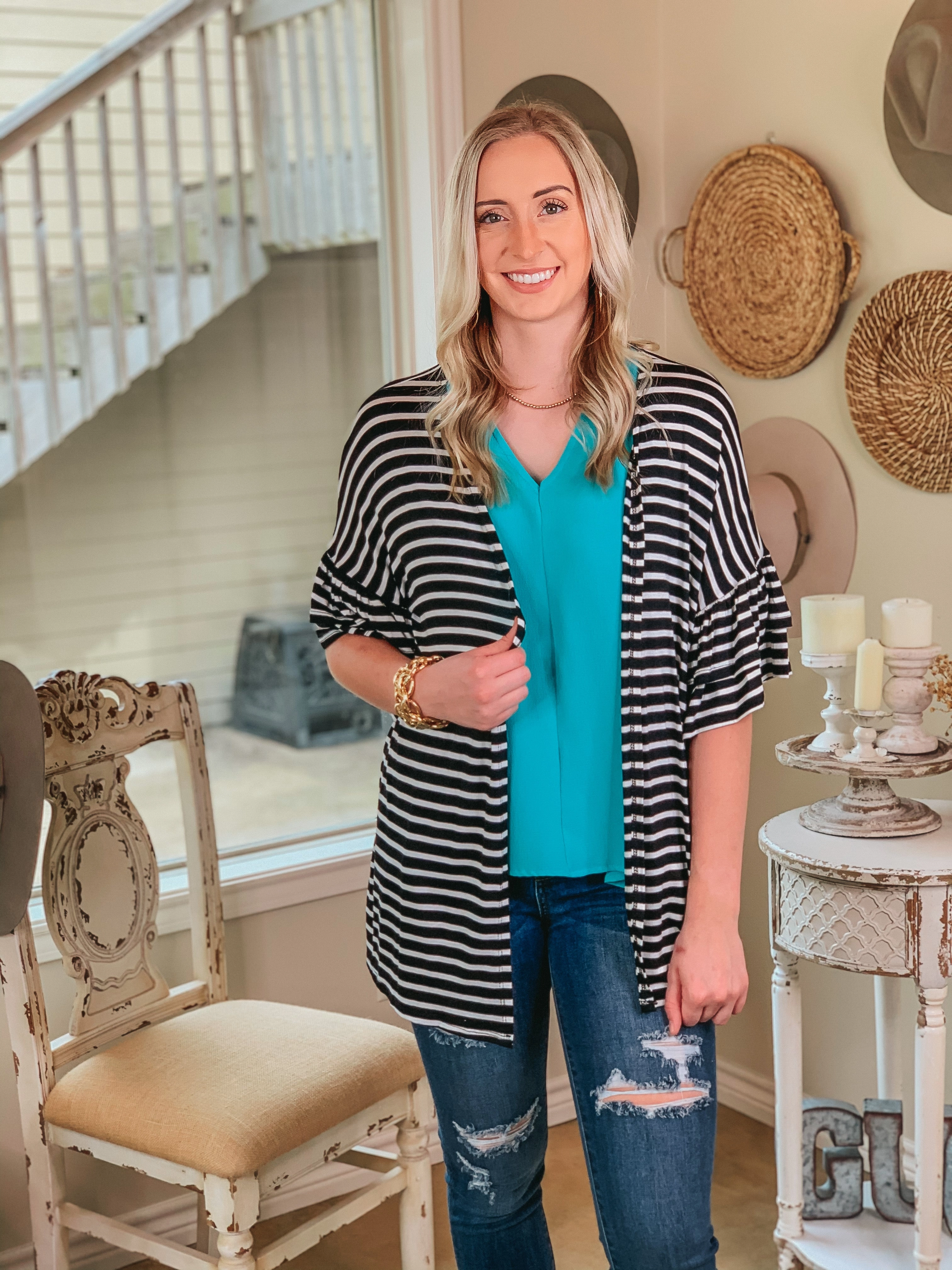 Comfortable Jumpsuit StaticResistantLining Cross My Mind Stripe Cardigan with Ruffle Sleeves in Black