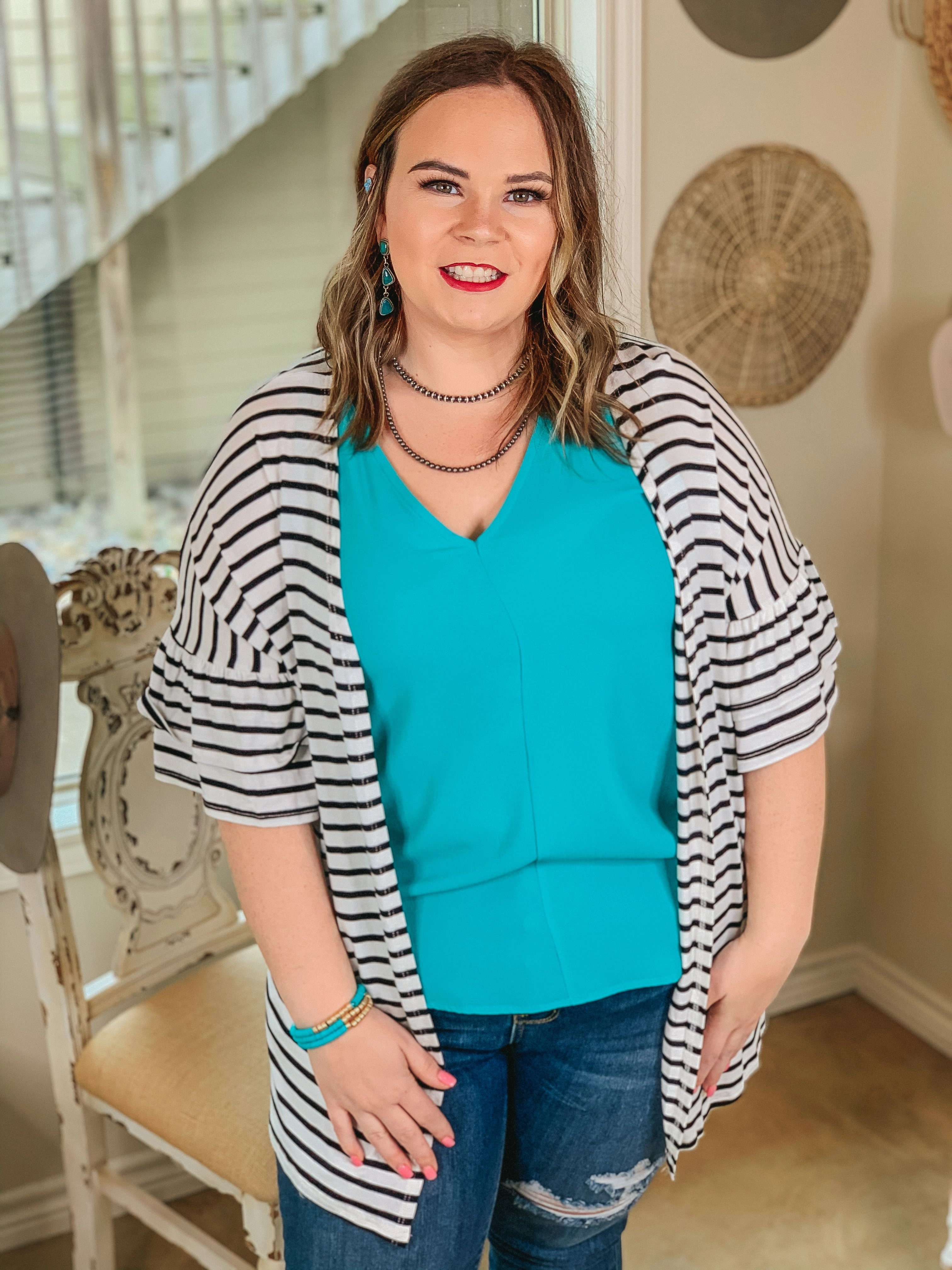 Hike Fit Cross My Mind Stripe Cardigan with Ruffle Sleeves in White