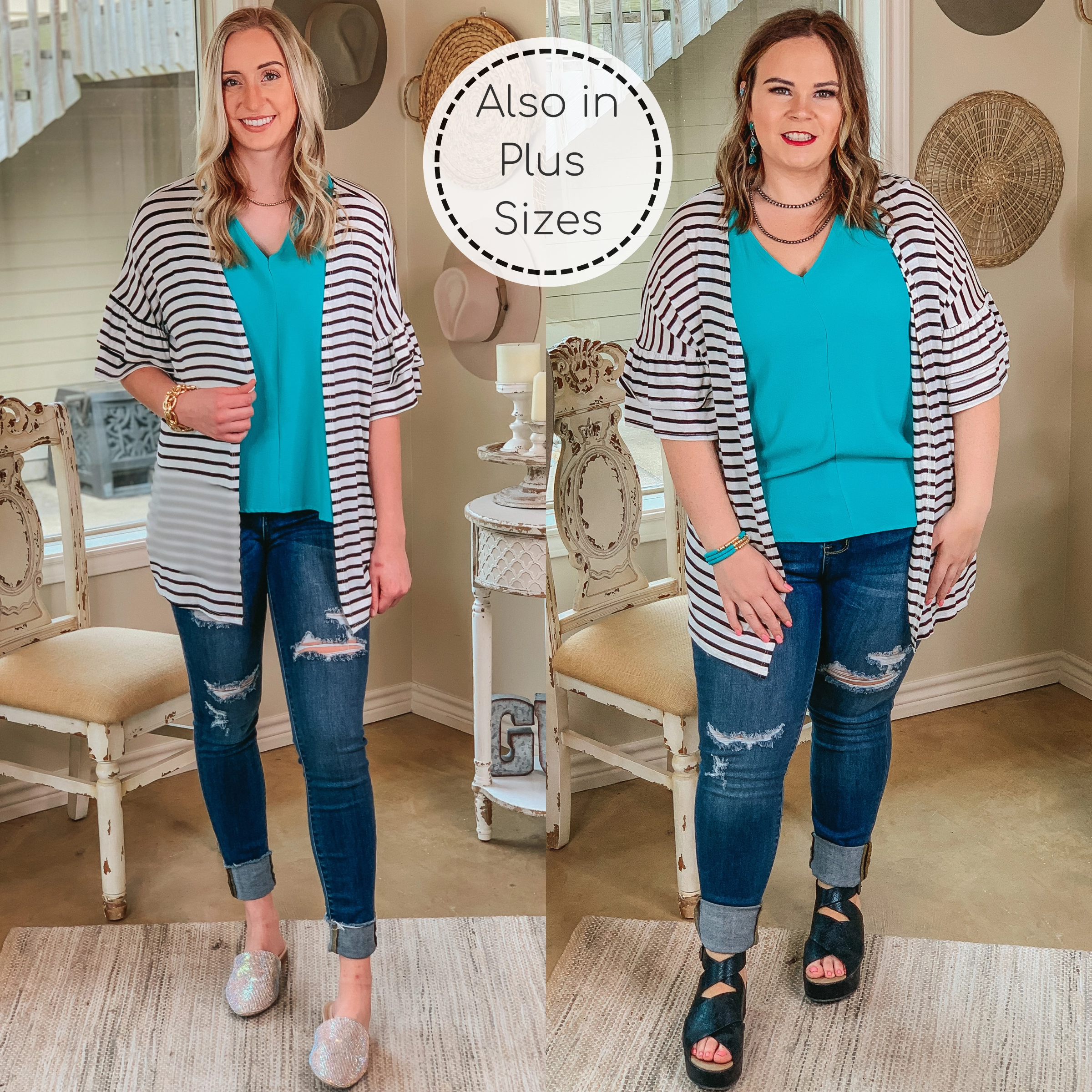 Cross My Mind Stripe Cardigan with Ruffle Sleeves in White Spirit Glow