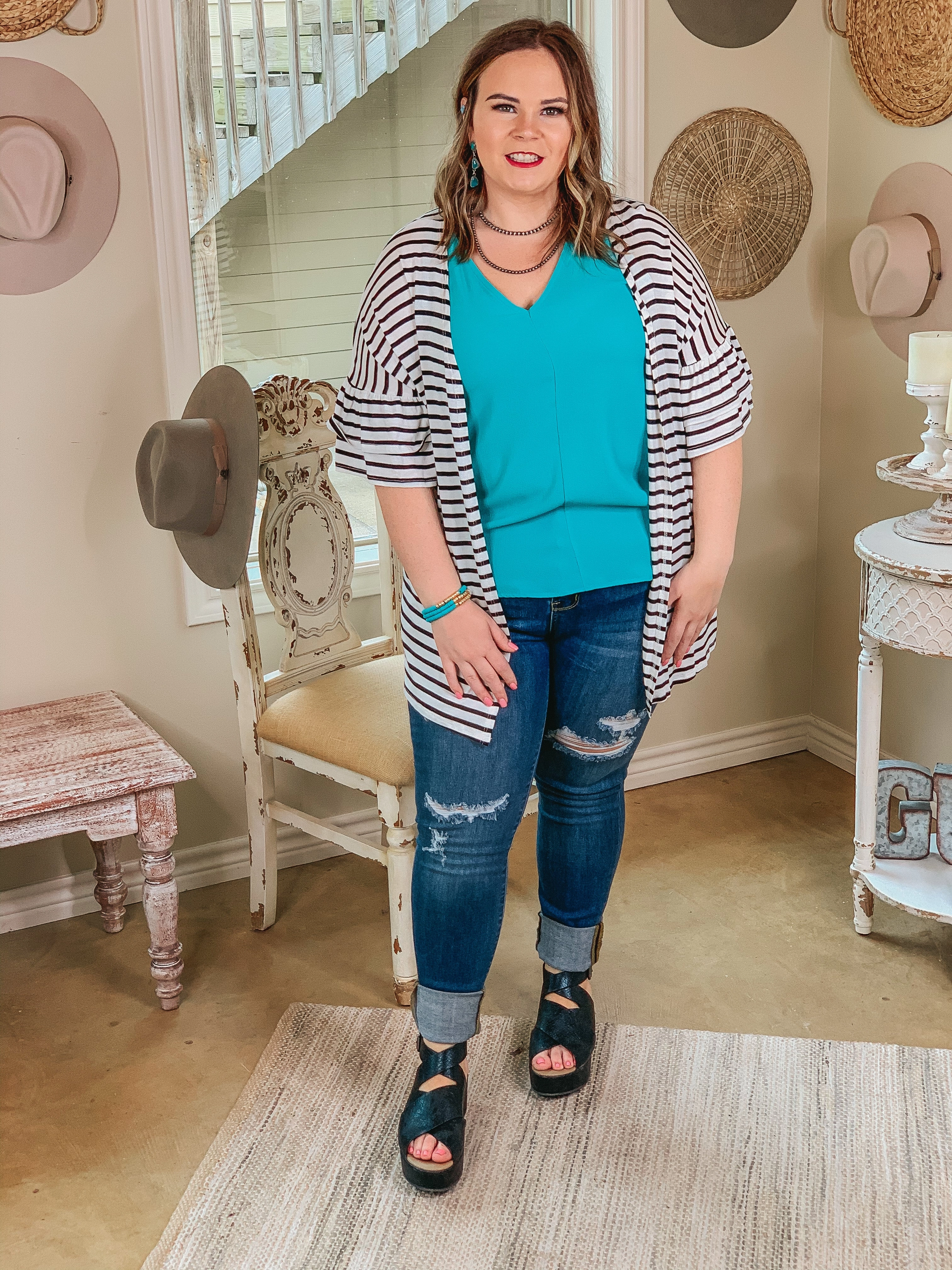 SeamlessConstruction Practical Boots Cross My Mind Stripe Cardigan with Ruffle Sleeves in White