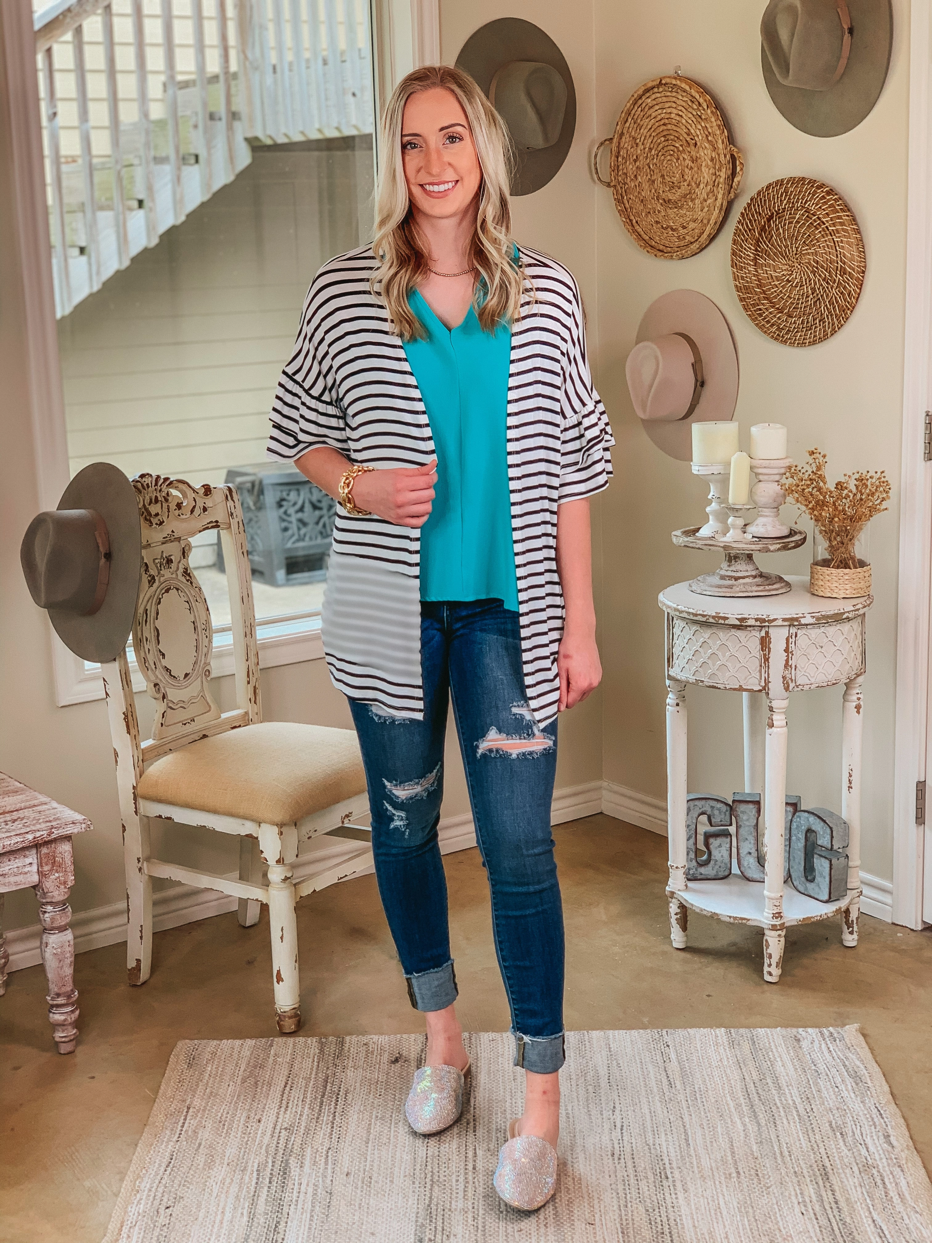 Cross My Mind Stripe Cardigan with Ruffle Sleeves in White CompactFold