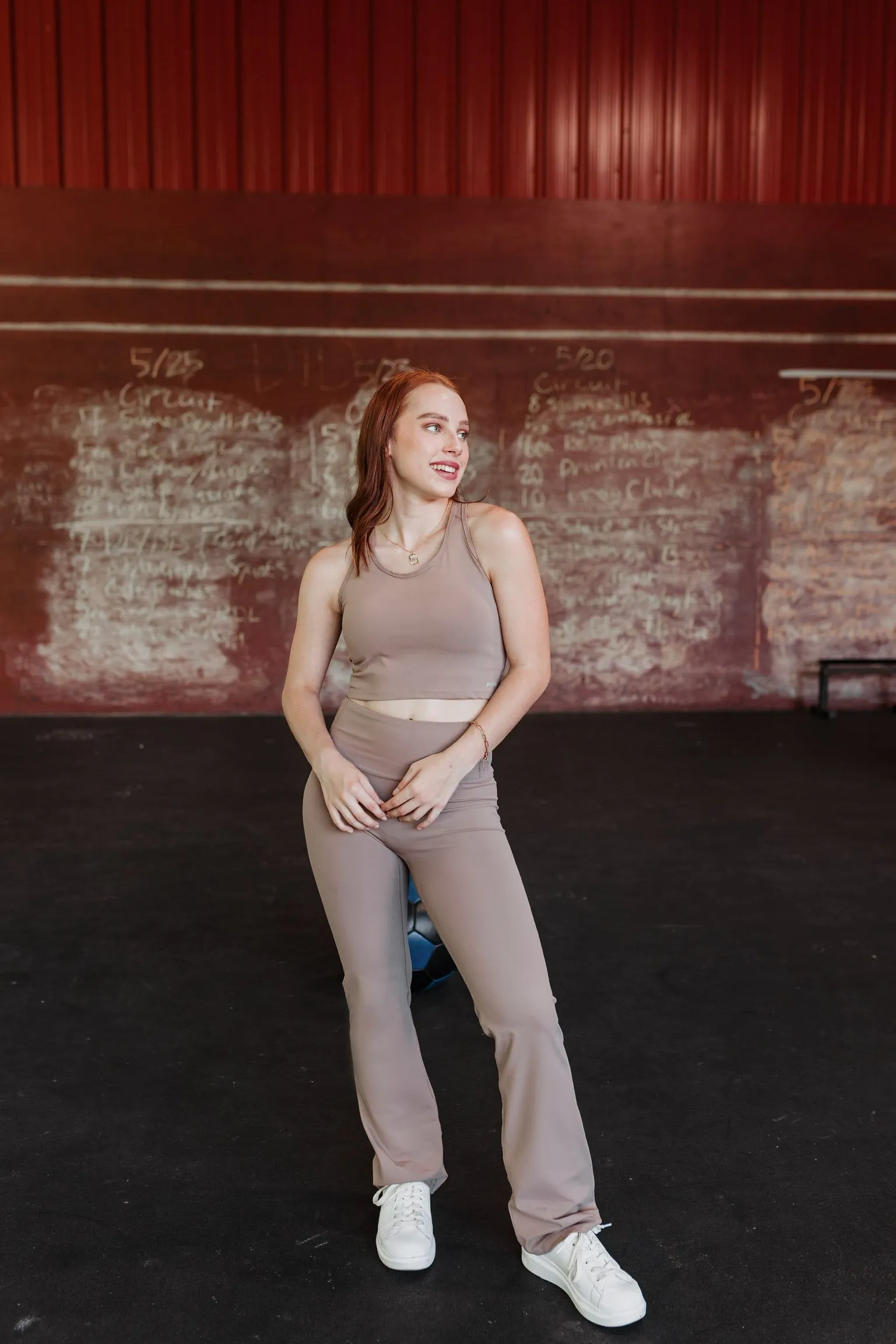 CrossFit Cutie Racer Back Tank Top Sports Bra in Taupe Multi Directional Zipper Placement Odor Resistant Material