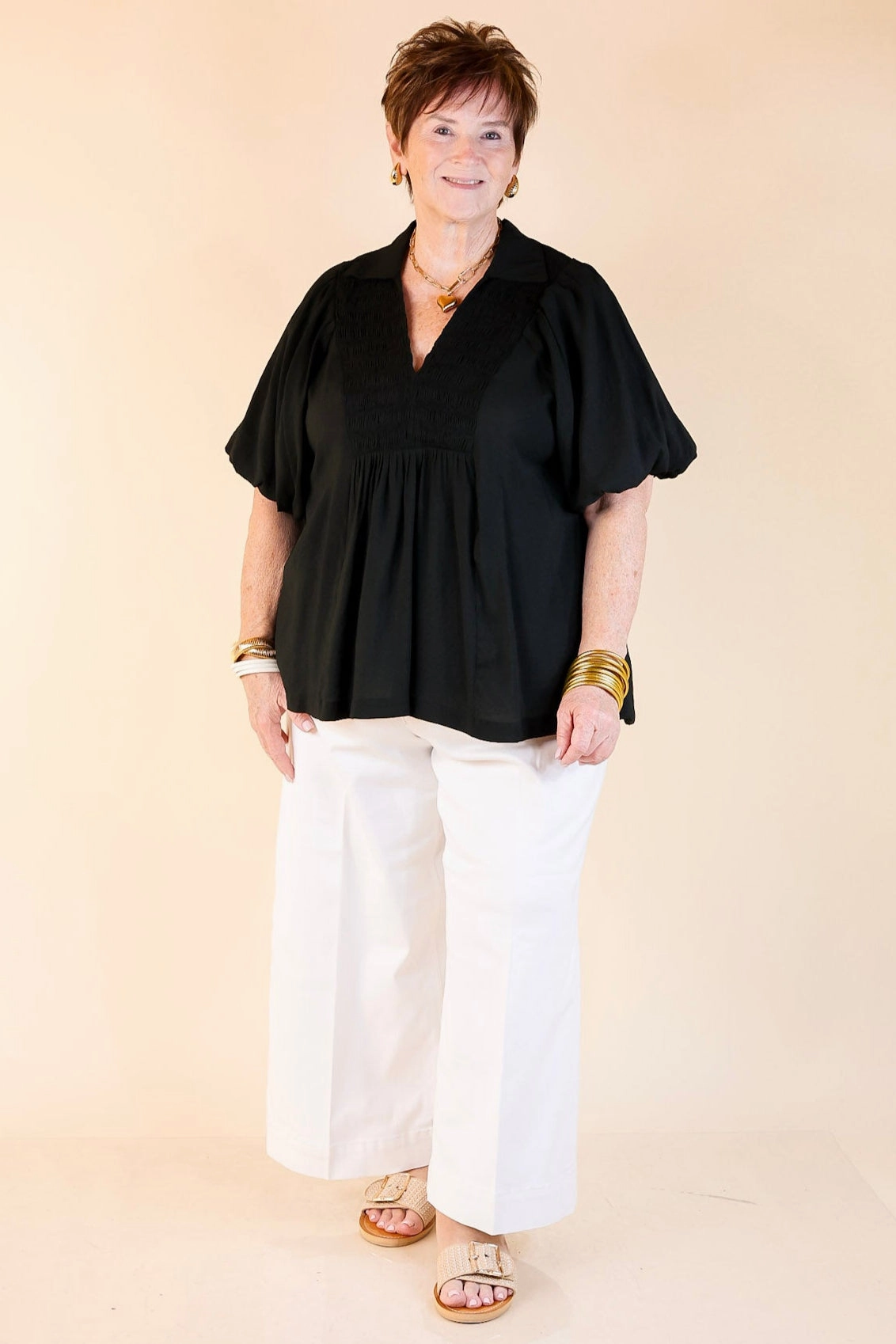 Crush on Classic Flowy Blouse with Smocked Yoke in Black Weekend Wear Structured Shoulder Support
