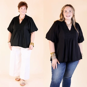 Matte Finish Crush on Classic Flowy Blouse with Smocked Yoke in Black