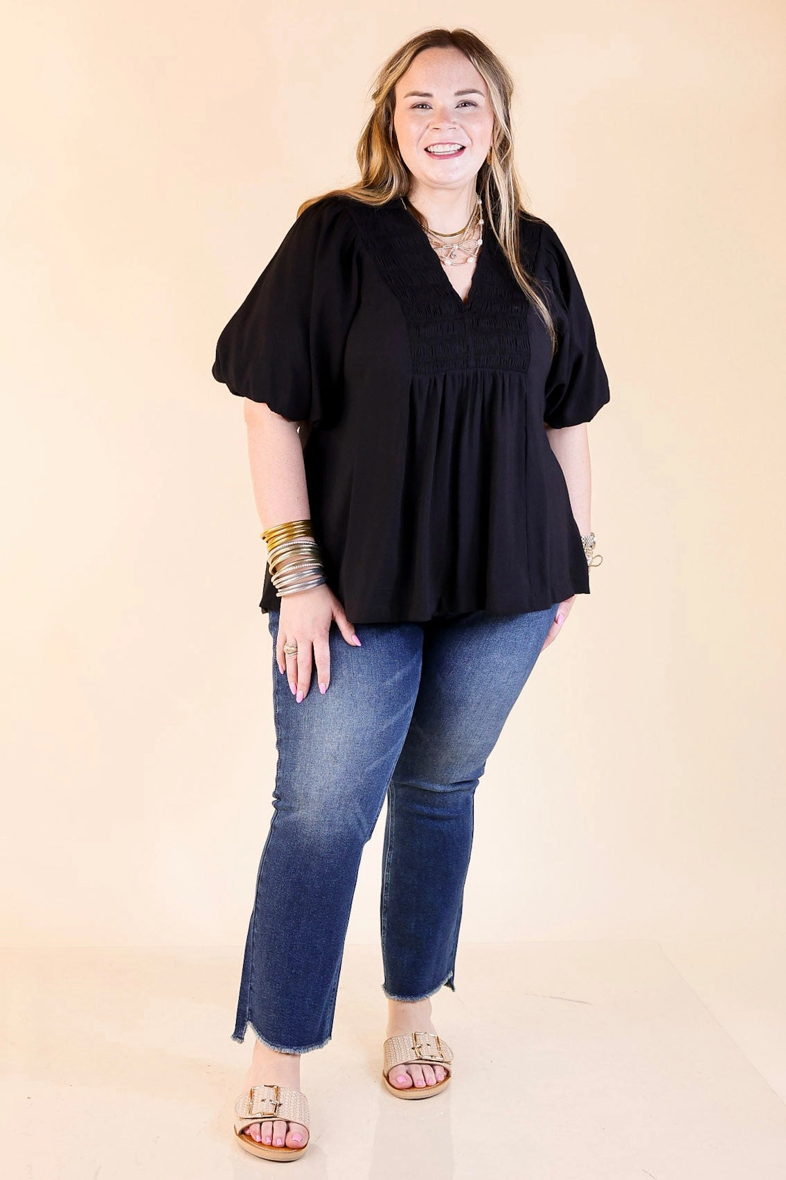 Seasonal Collection Regular Fit Crush on Classic Flowy Blouse with Smocked Yoke in Black