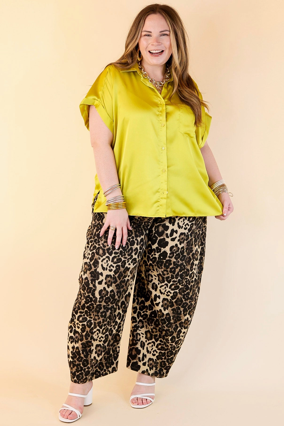 Everyday Layer Fall Fashion Free To Be Fab Button Up Short Sleeve Top in Chartreuse Green