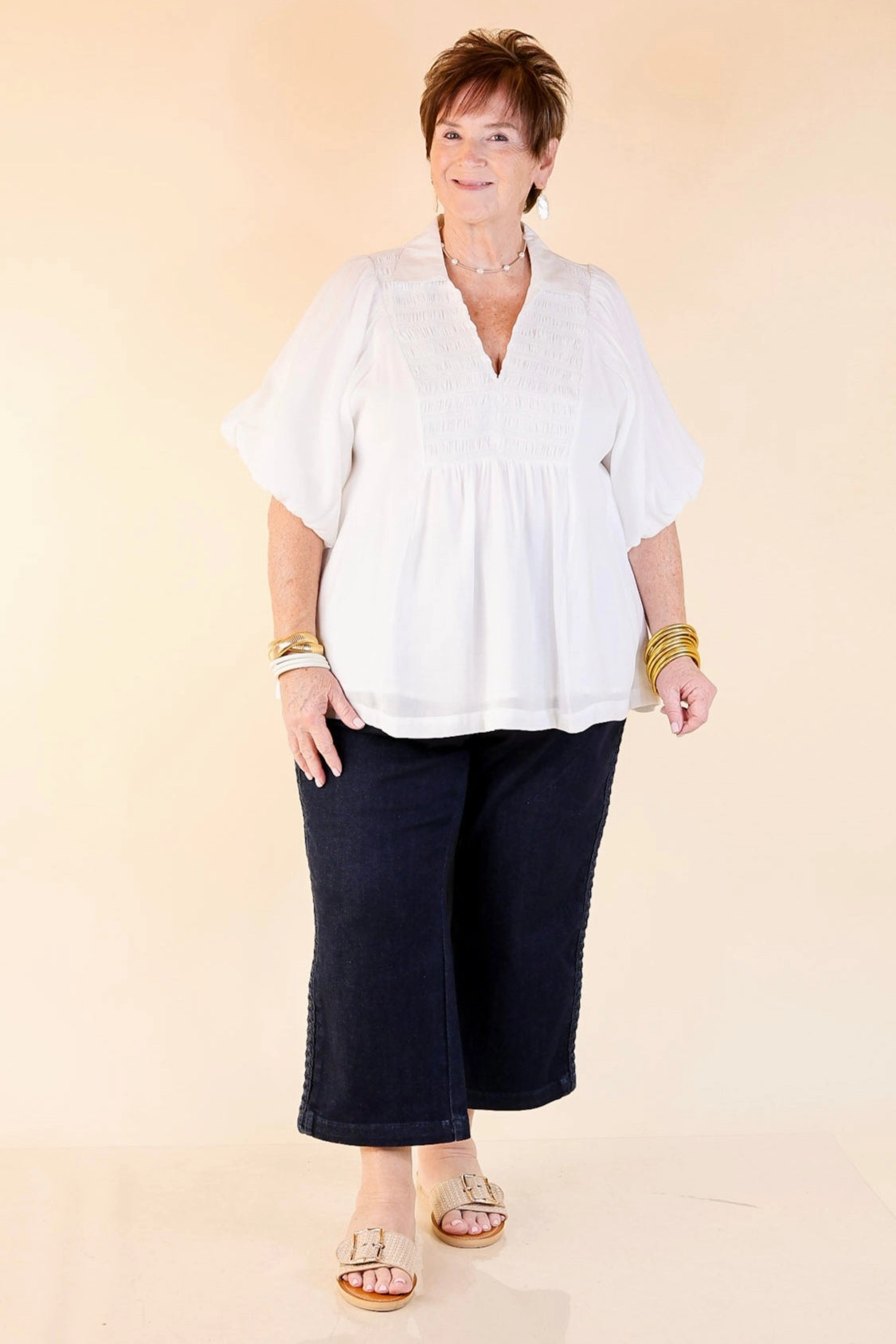 Workwear Ready Outdoor Adventure Crush on Classic Flowy Blouse with Smocked Yoke in White