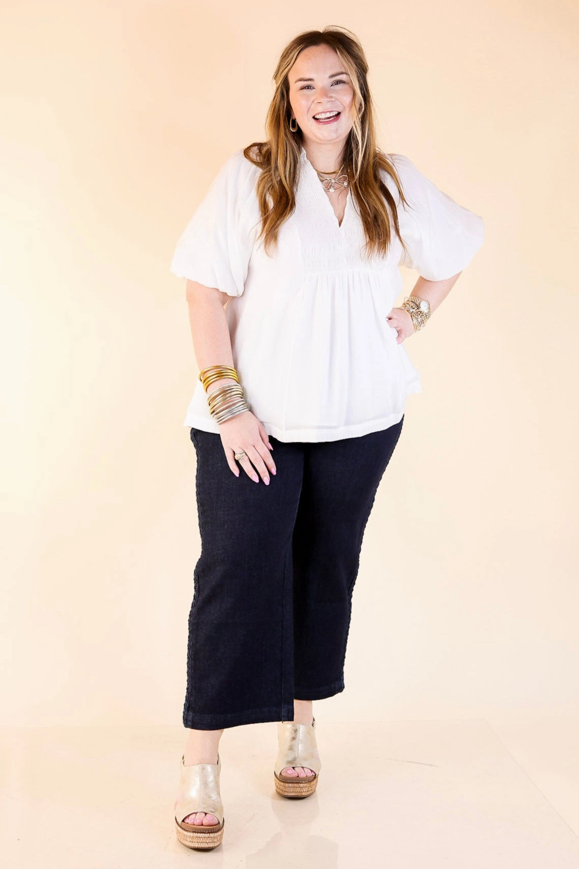 Crush on Classic Flowy Blouse with Smocked Yoke in White Stylish Comfort Current Style