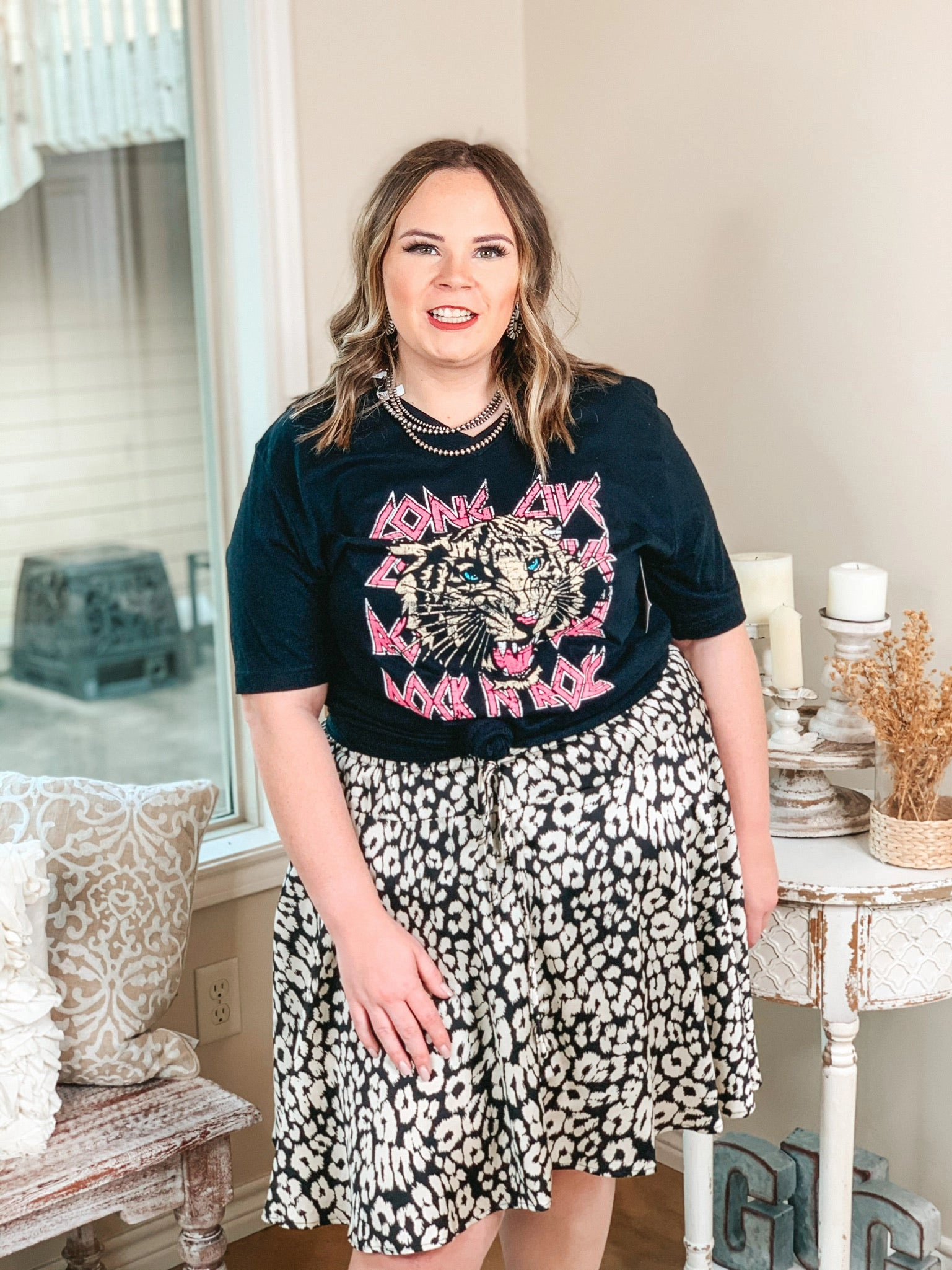 Plus Size | Swing into Spring Leopard Drawstring Swing Skirt in Ivory and Black Cozy Vibes Cozy Vibe