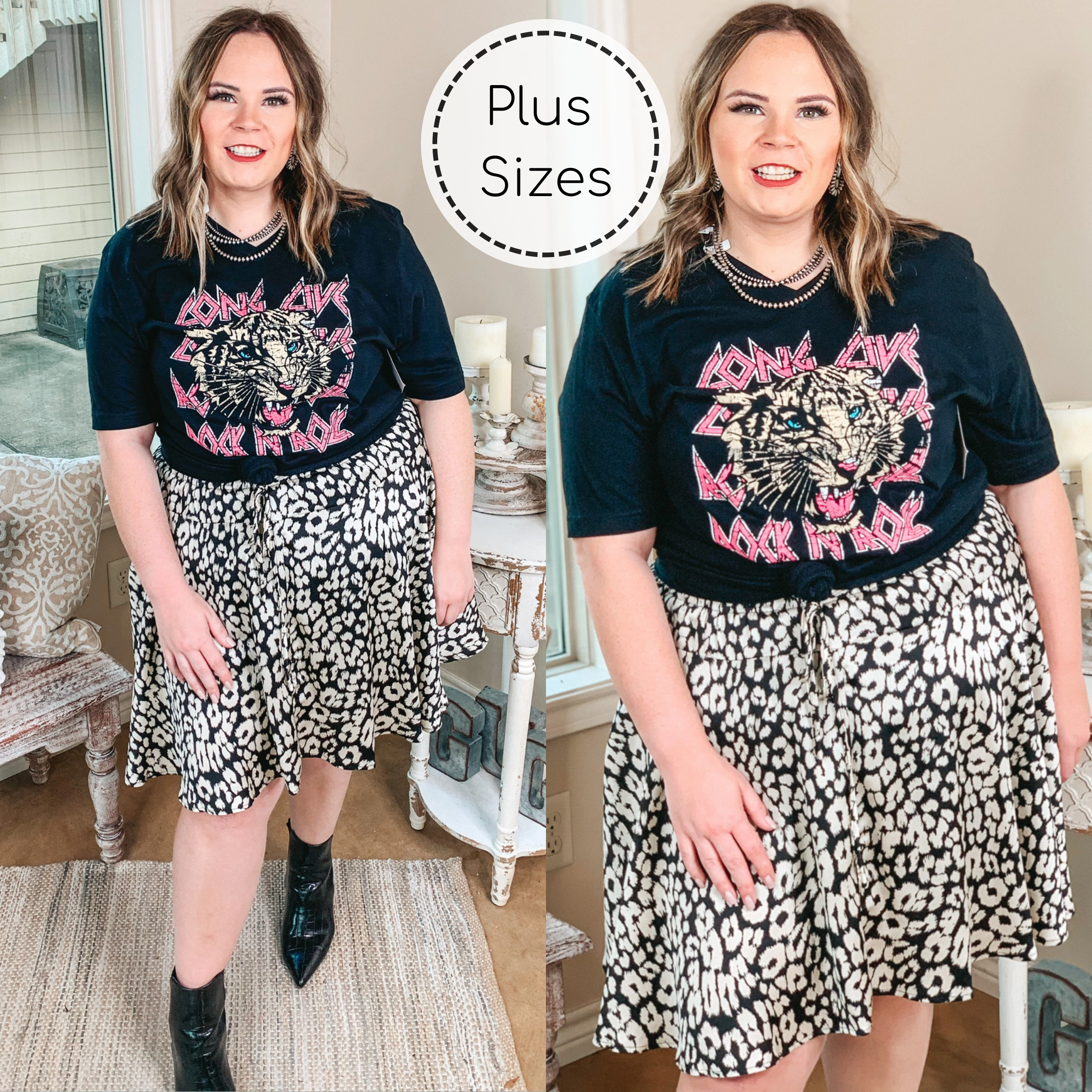 Relaxed Vibe Plus Size | Swing into Spring Leopard Drawstring Swing Skirt in Ivory and Black