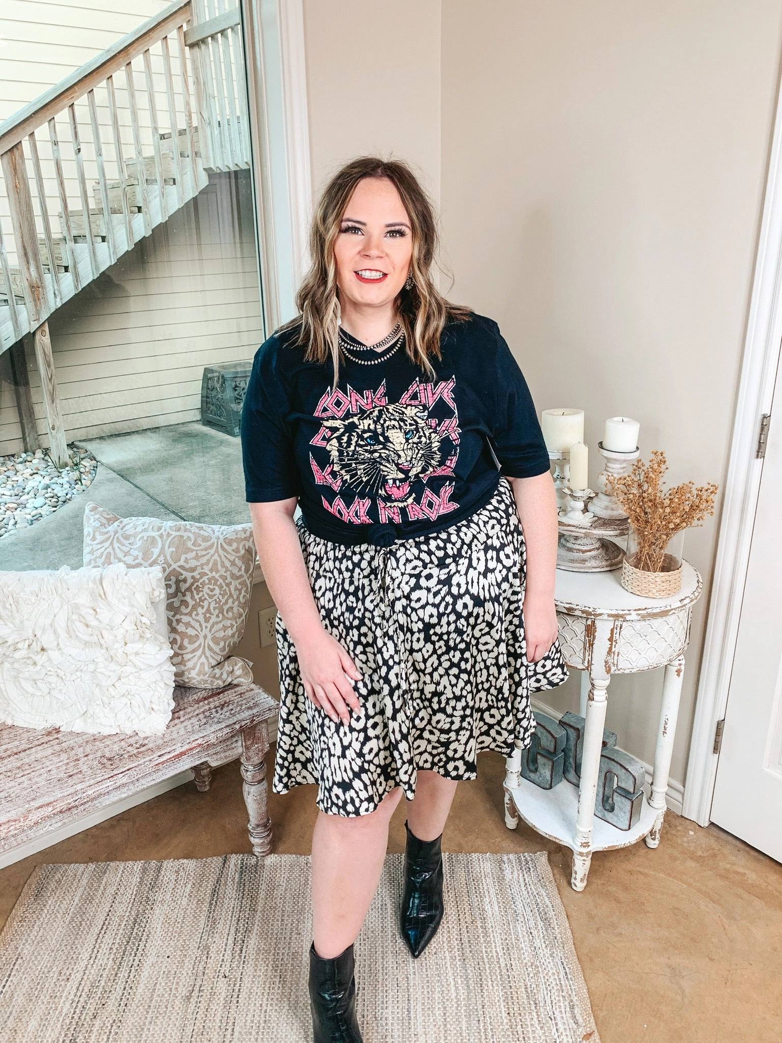 Subtle Mood Plus Size | Swing into Spring Leopard Drawstring Swing Skirt in Ivory and Black