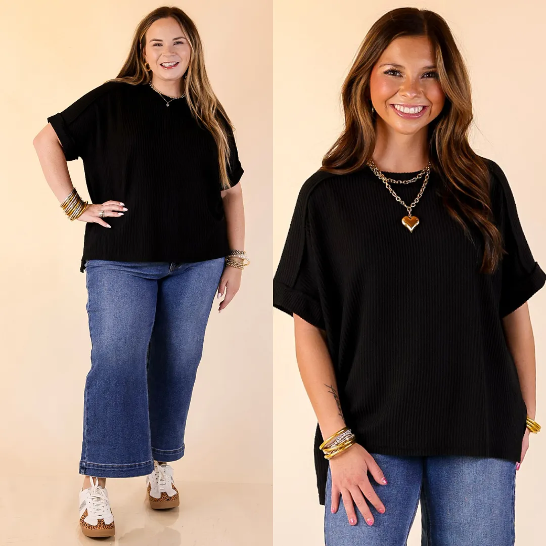 Odor Resistant Material Brushed Interior Daily Perfection Scoop Neck Short Sleeve Ribbed Top in Black