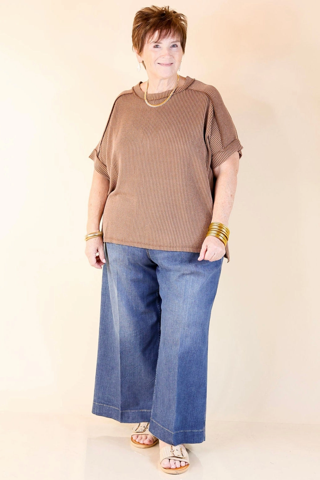 Daily Perfection Scoop Neck Short Sleeve Ribbed Top in Brown Comfort Stretch Functional Wear