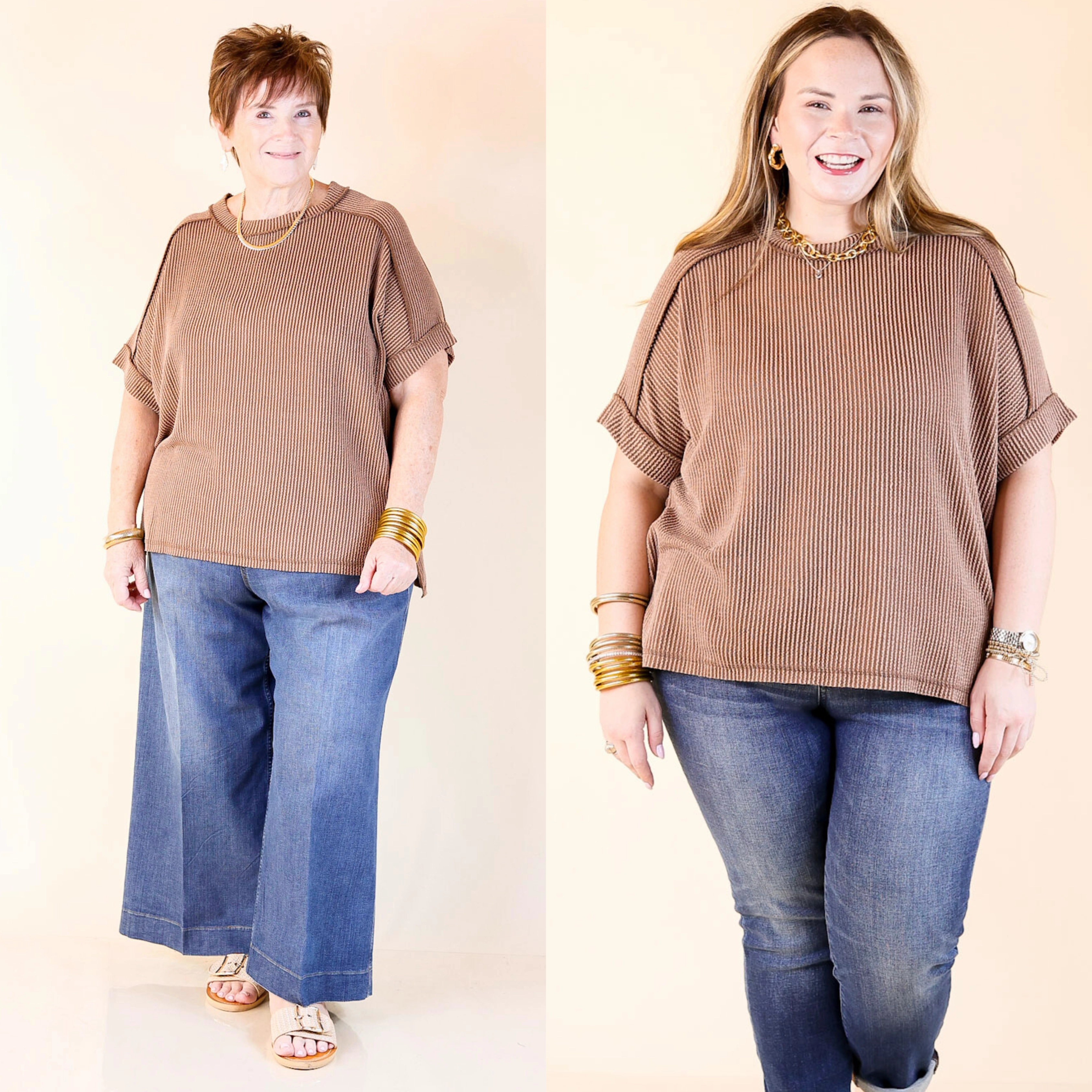 Non Chafe Seams Daily Perfection Scoop Neck Short Sleeve Ribbed Top in Brown