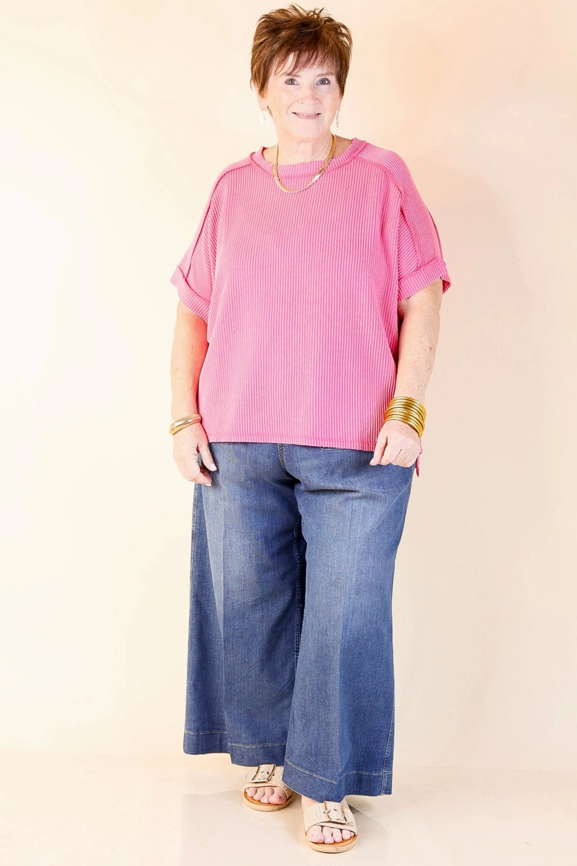 Daily Perfection Scoop Neck Short Sleeve Ribbed Top in Candy Pink Seamless Shoulder Construction Sophisticated Elegance