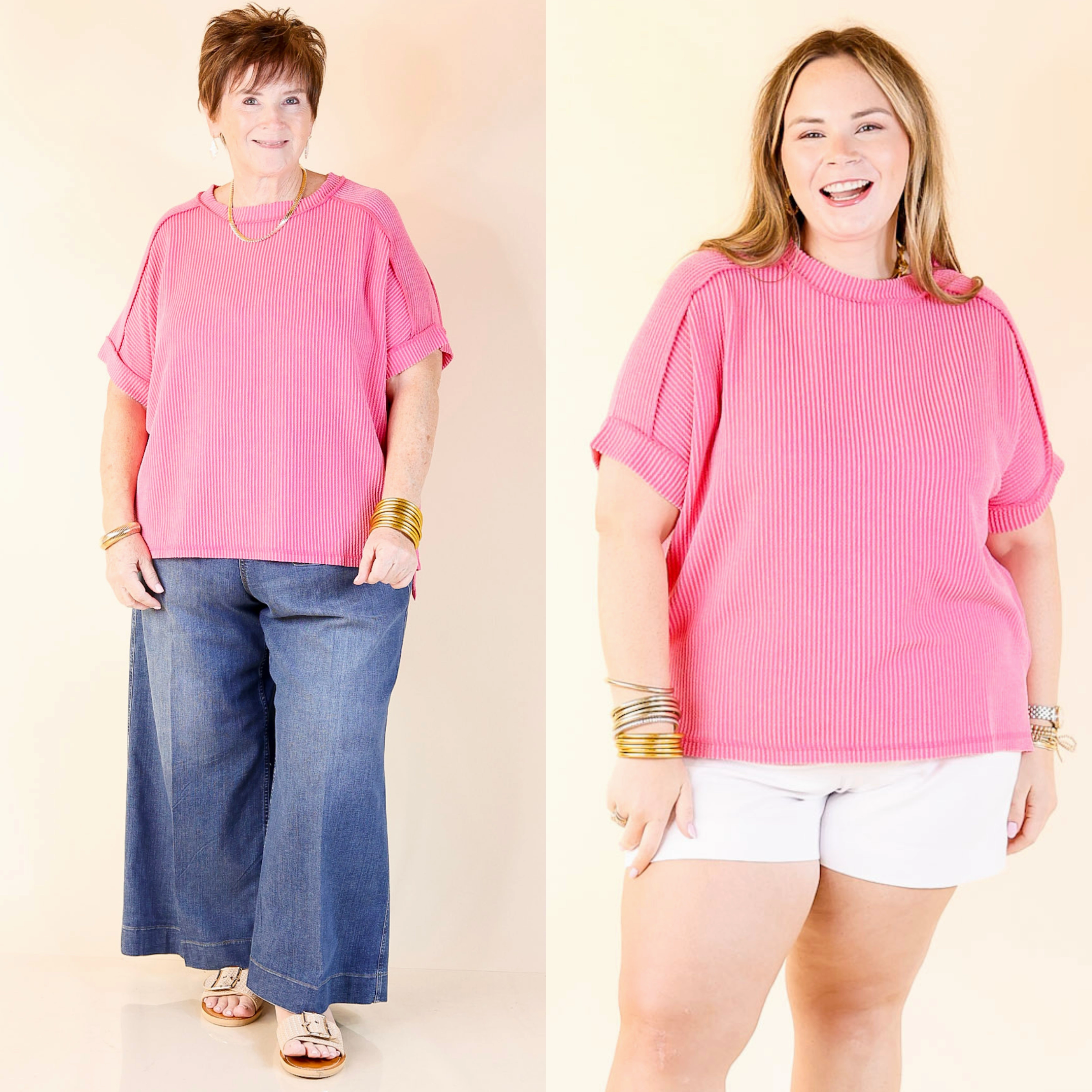 Yoke Design Daily Perfection Scoop Neck Short Sleeve Ribbed Top in Candy Pink