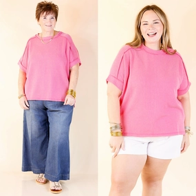 Yoke Design Daily Perfection Scoop Neck Short Sleeve Ribbed Top in Candy Pink