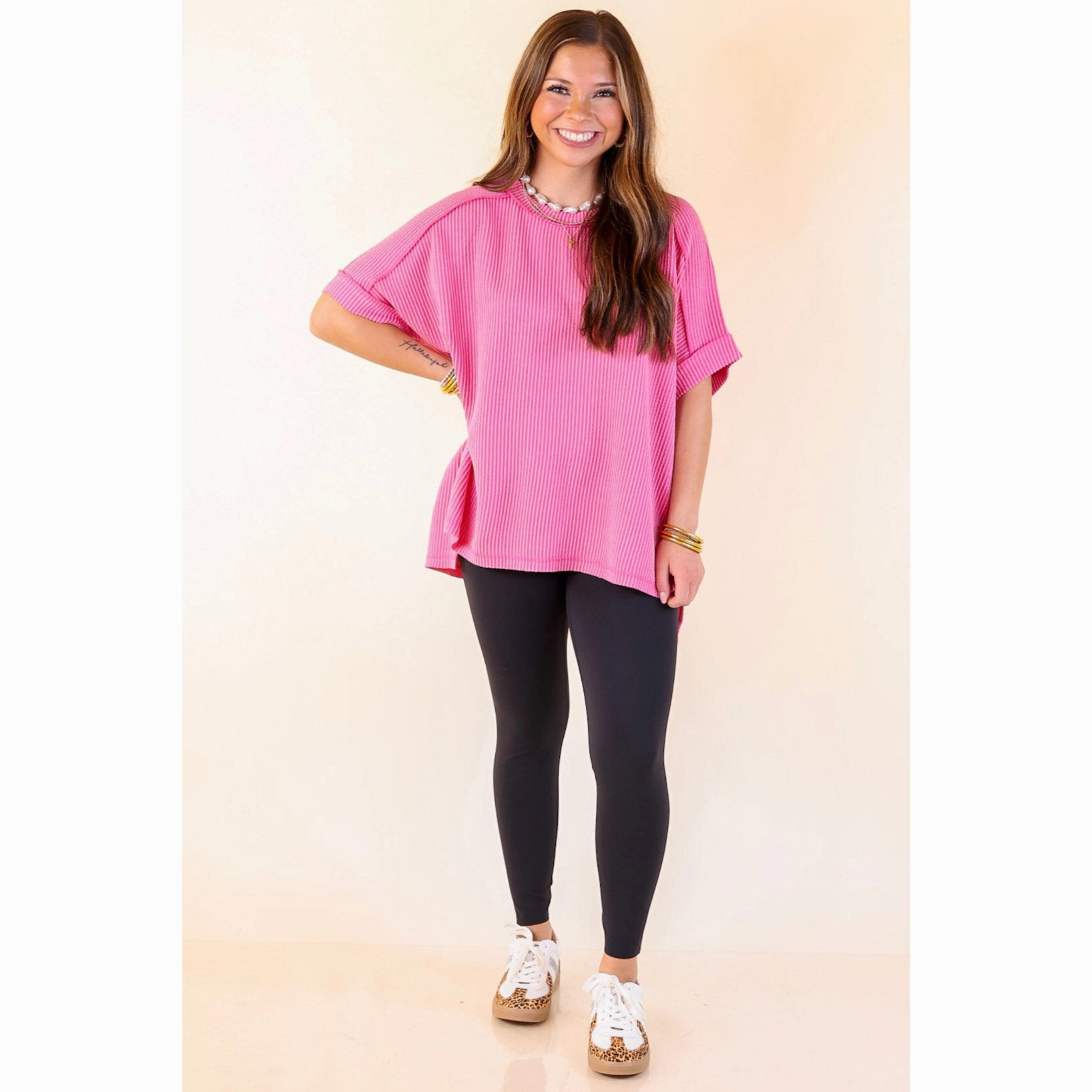 Daily Perfection Scoop Neck Short Sleeve Ribbed Top in Candy Pink Ultra Soft Interior Matte Look