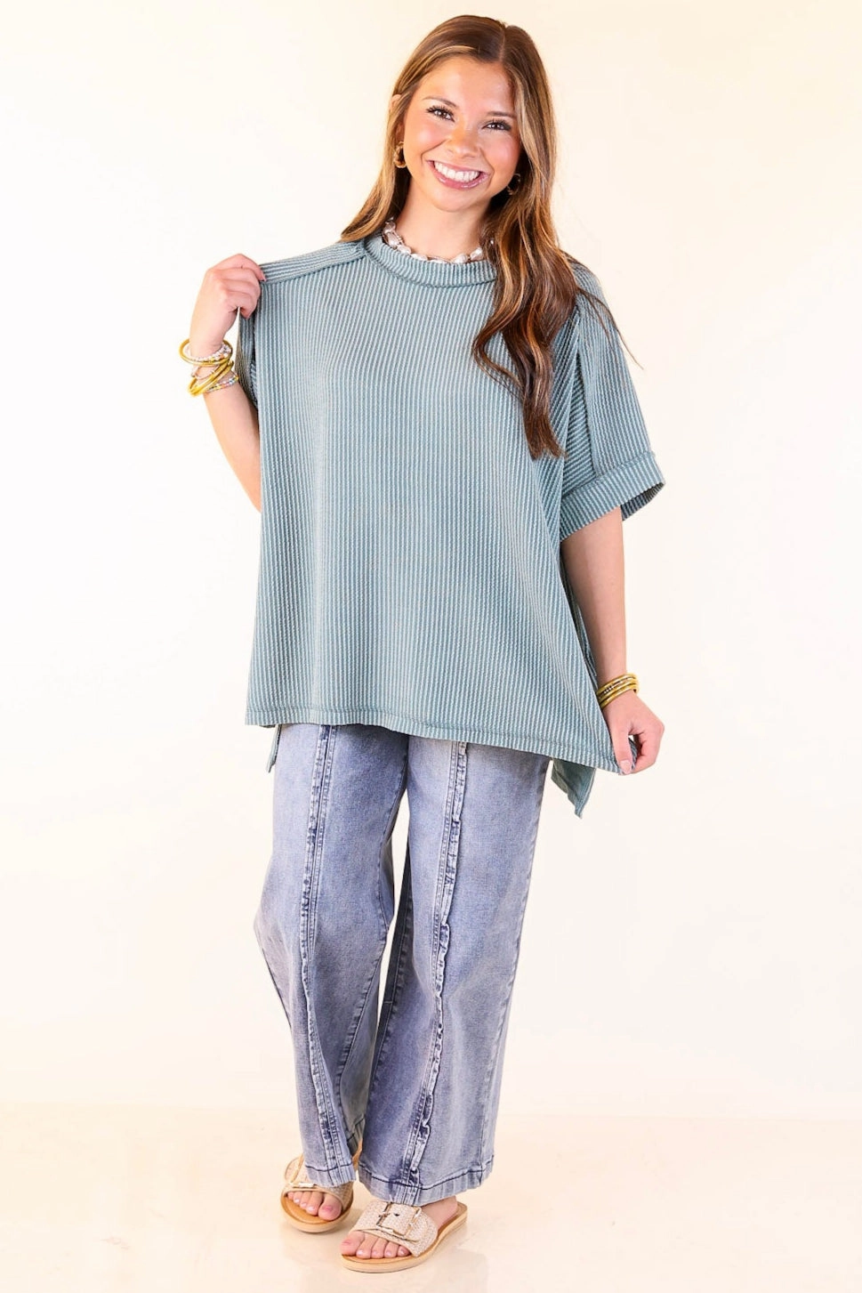 Holiday Gift Daily Perfection Scoop Neck Short Sleeve Ribbed Top in Jade Green