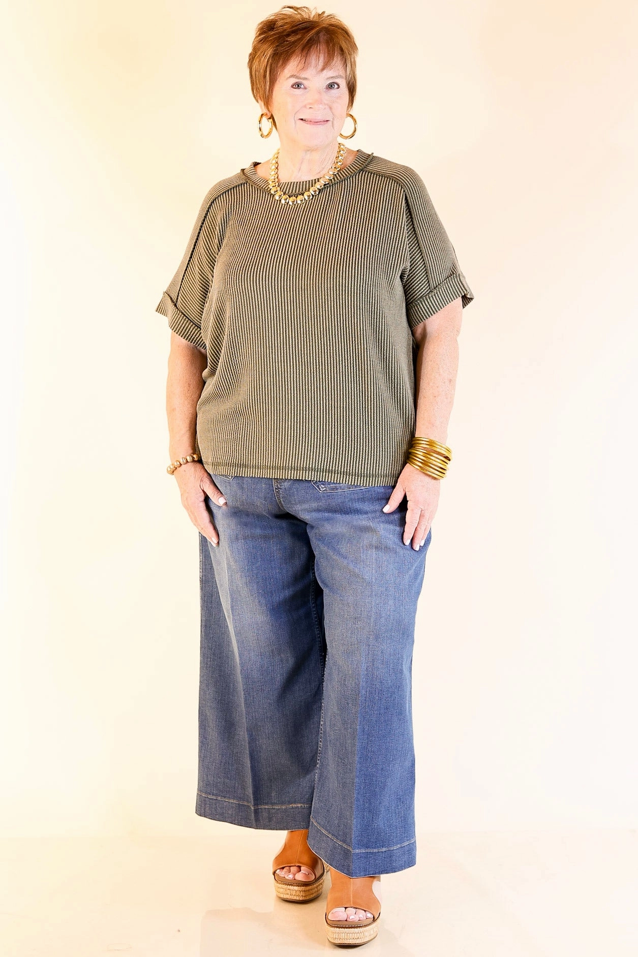 Daily Perfection Scoop Neck Short Sleeve Ribbed Top in Olive Green Anti Pill Treatment youth trend