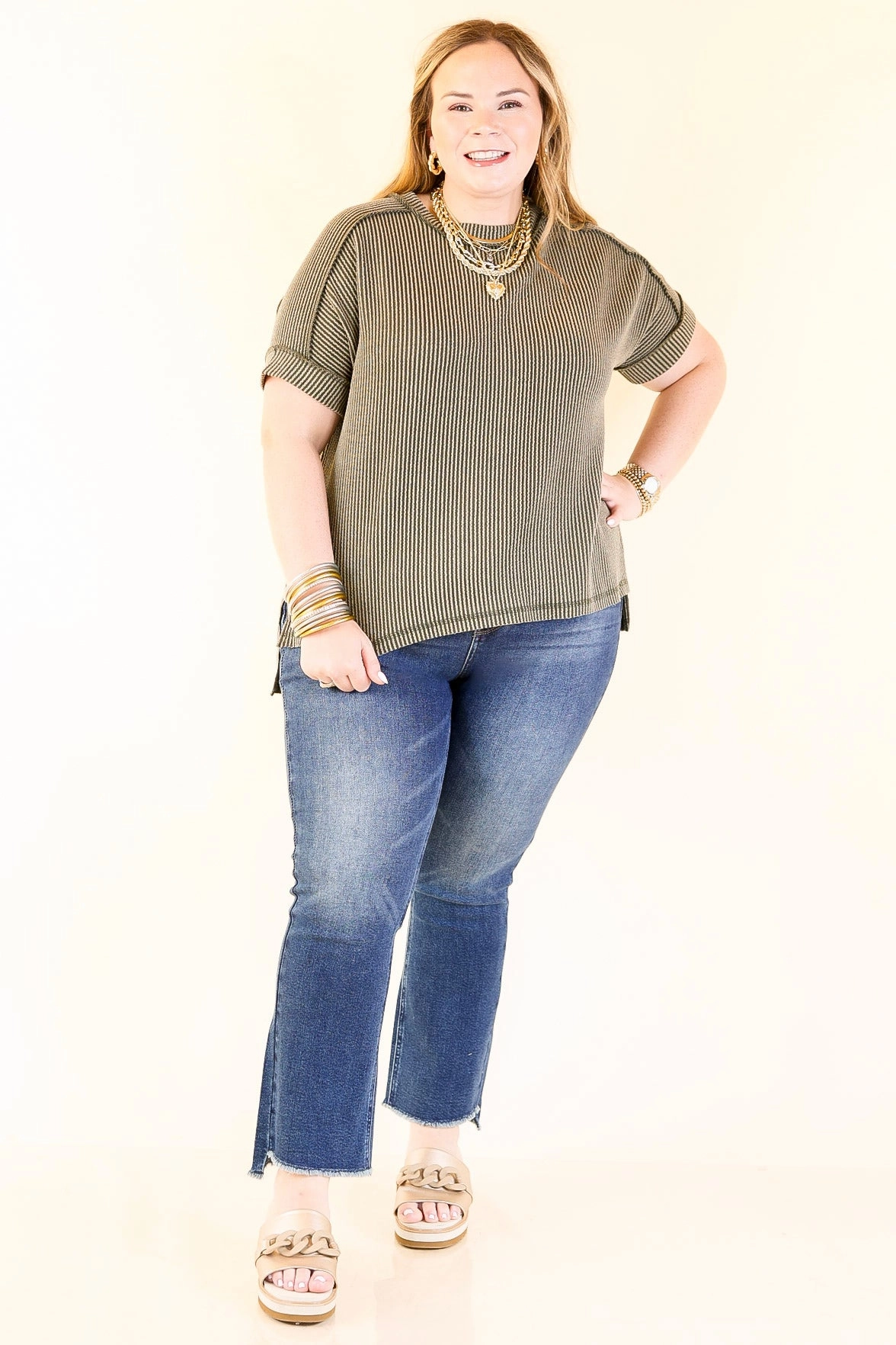 Daily Perfection Scoop Neck Short Sleeve Ribbed Top in Olive Green Standalone Option Vintage Wash