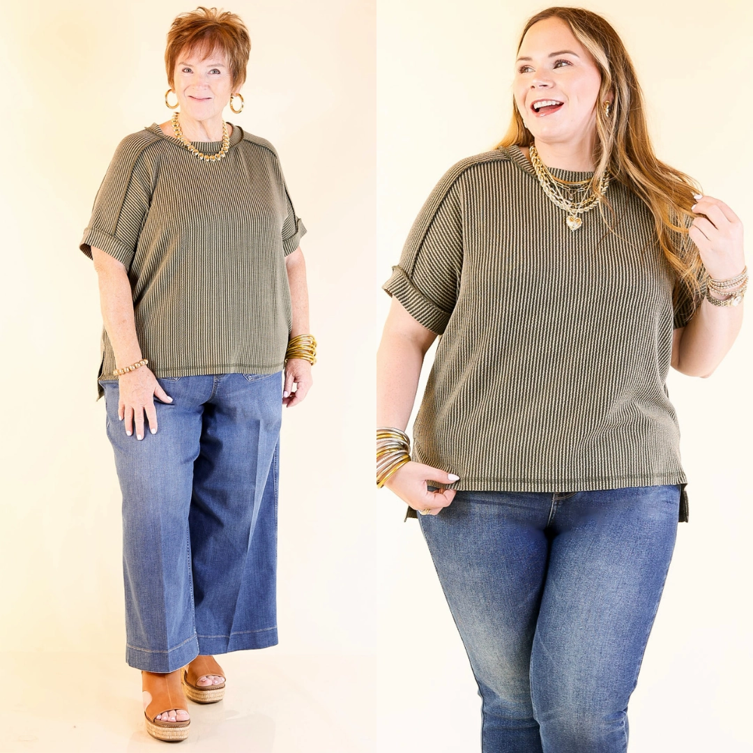 Daily Perfection Scoop Neck Short Sleeve Ribbed Top in Olive Green Tear Resistant Reinforcement youth trend
