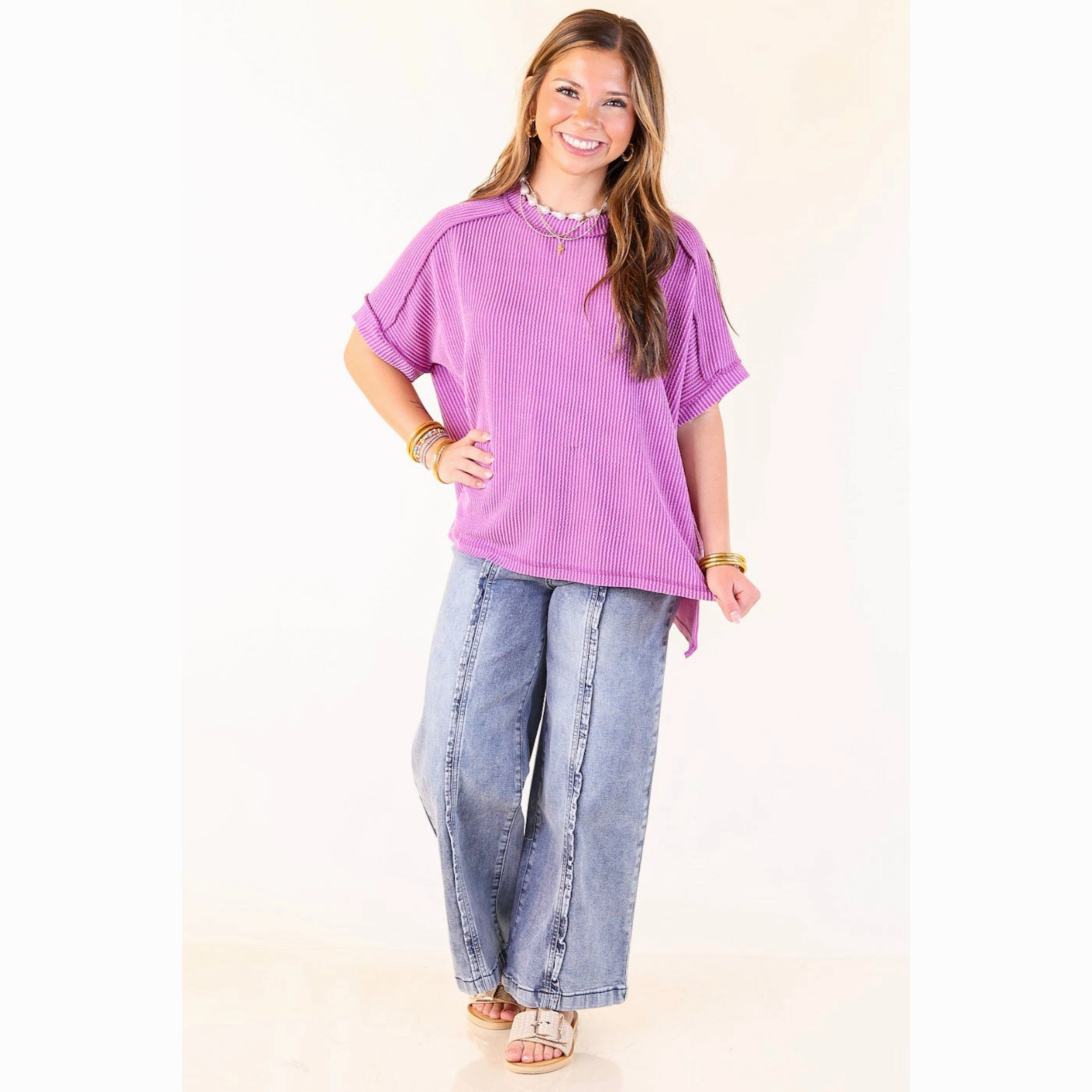 Weekend Adventure Roomy Cut Daily Perfection Scoop Neck Short Sleeve Ribbed Top in Purple