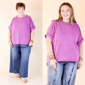 Abstract print Laser Cut Edge Detail Daily Perfection Scoop Neck Short Sleeve Ribbed Top in Purple