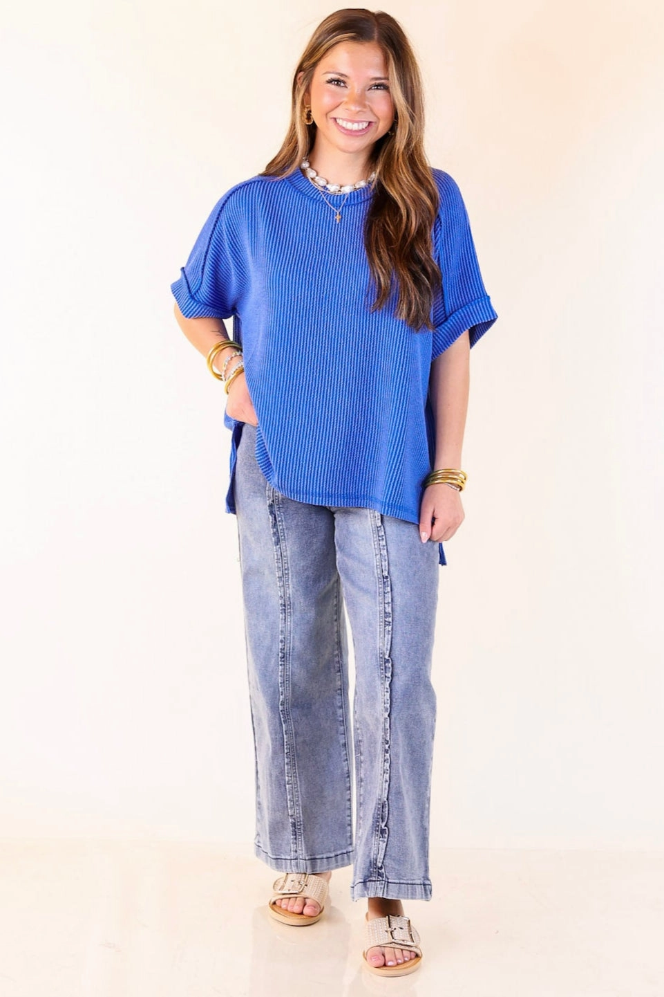 Multi Pocket Design Cooling Core Technology Daily Perfection Scoop Neck Short Sleeve Ribbed Top in Royal Blue