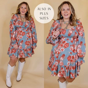 Day Cafe Smocked Bodice Floral Long Sleeve Dress in Dusty Blue Dream Feel