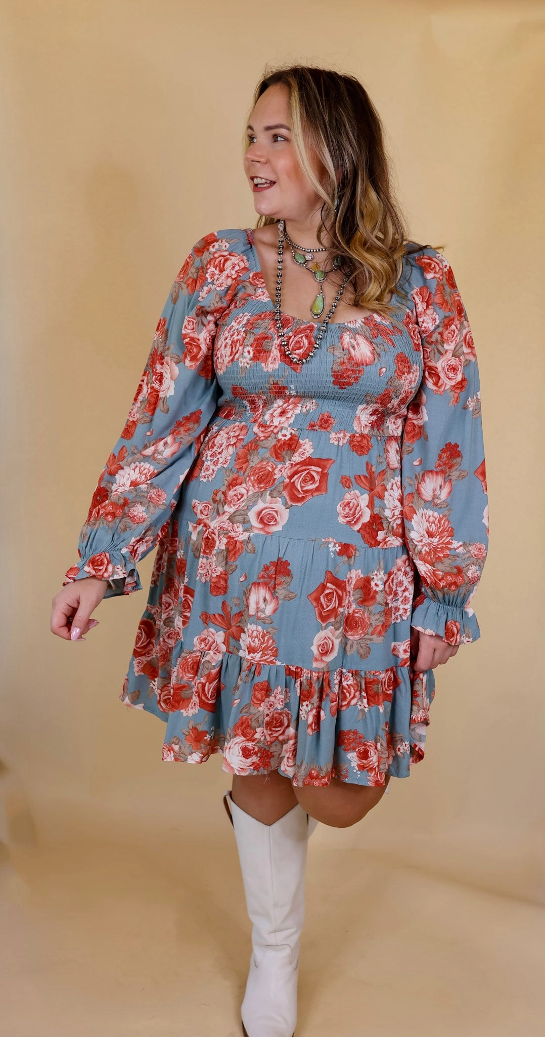 Day Cafe Smocked Bodice Floral Long Sleeve Dress in Dusty Blue Peace Core