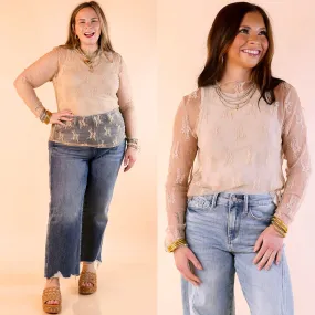 Sporty Style Delicate Charm Long Sleeve Sheer Lace Top with Mock Neck in Beige