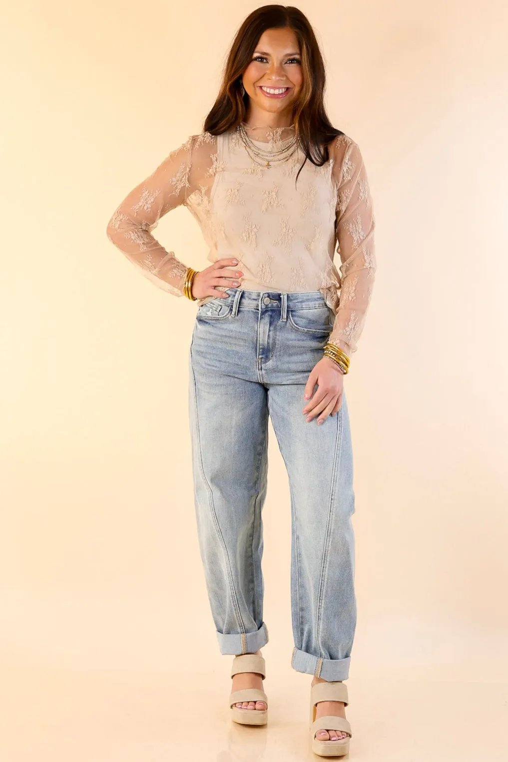 Delicate Charm Long Sleeve Sheer Lace Top with Mock Neck in Beige Hypoallergenic Inner Layer